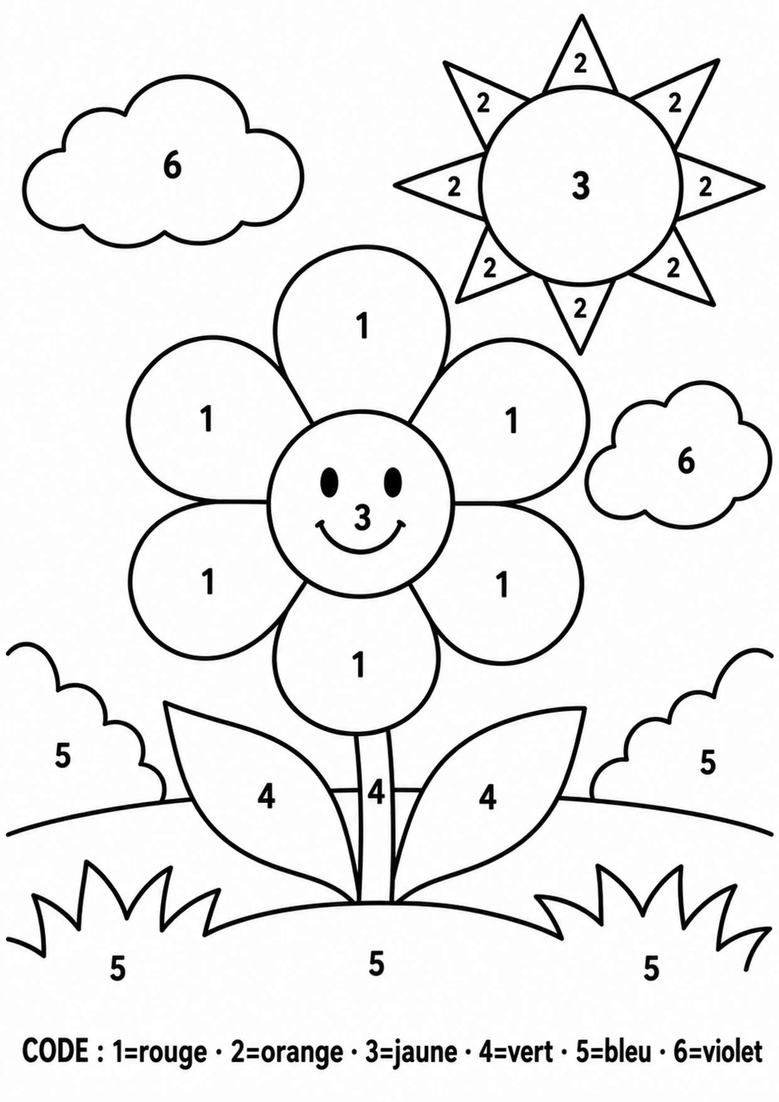 Coloriage fleur codée de 1 à 6 à imprimer