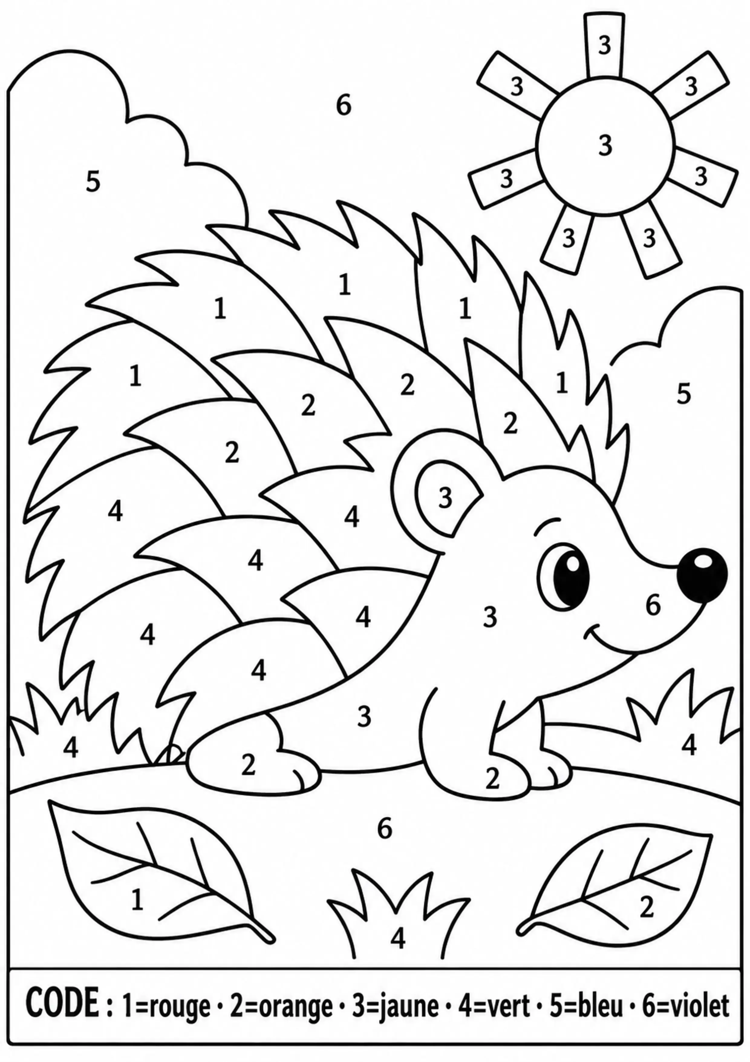 Coloriage hérisson codé de 1 à 6 à imprimer