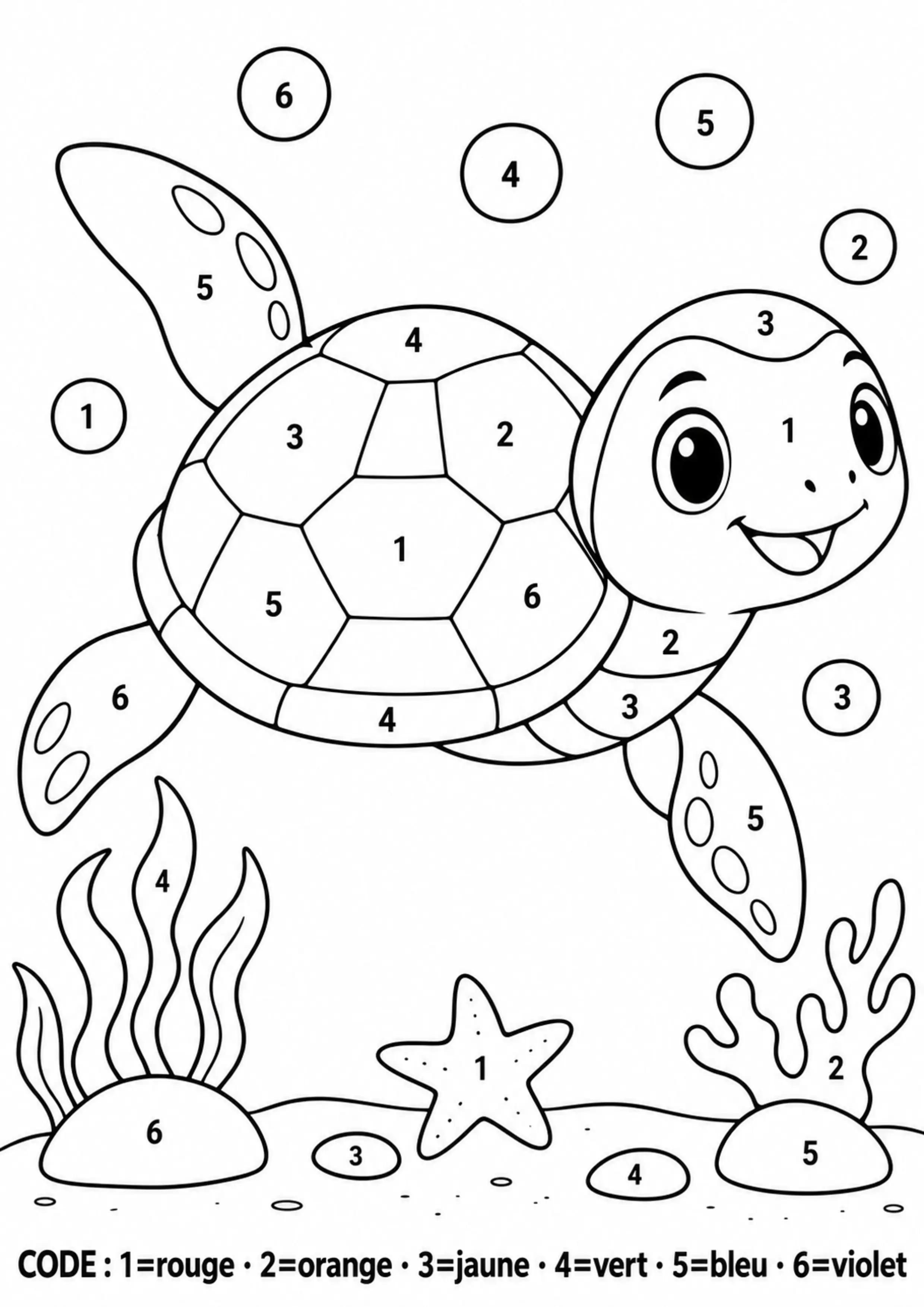Coloriage tortue codée par chiffres à imprimer