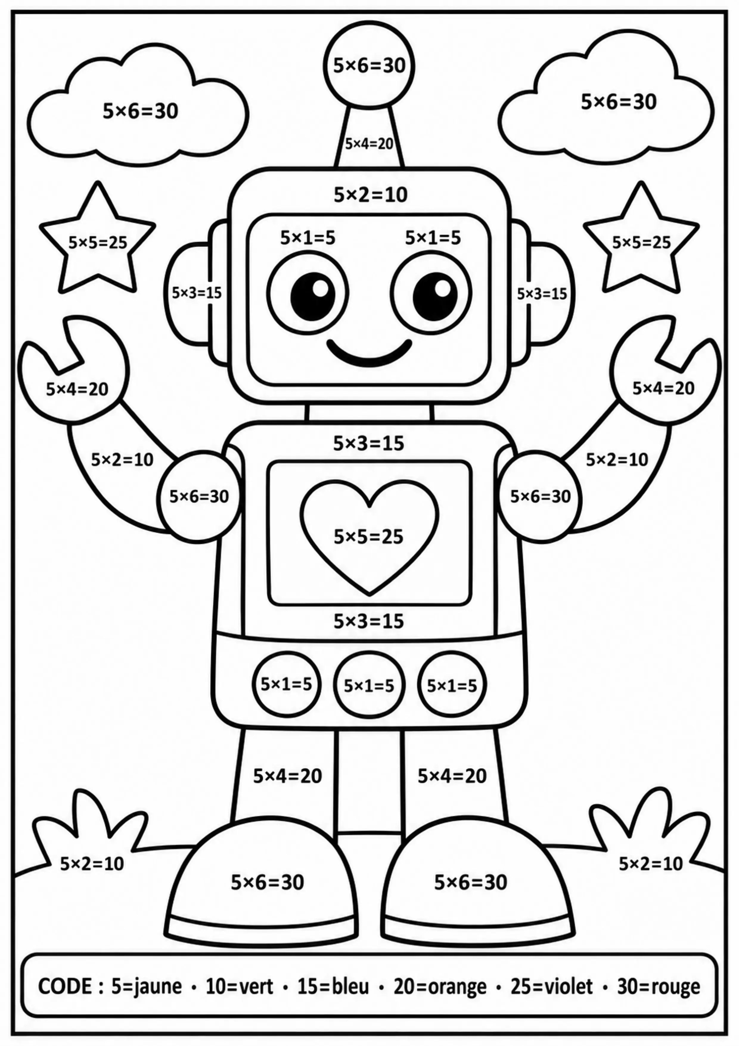 Coloriage robot table de 5 à imprimer