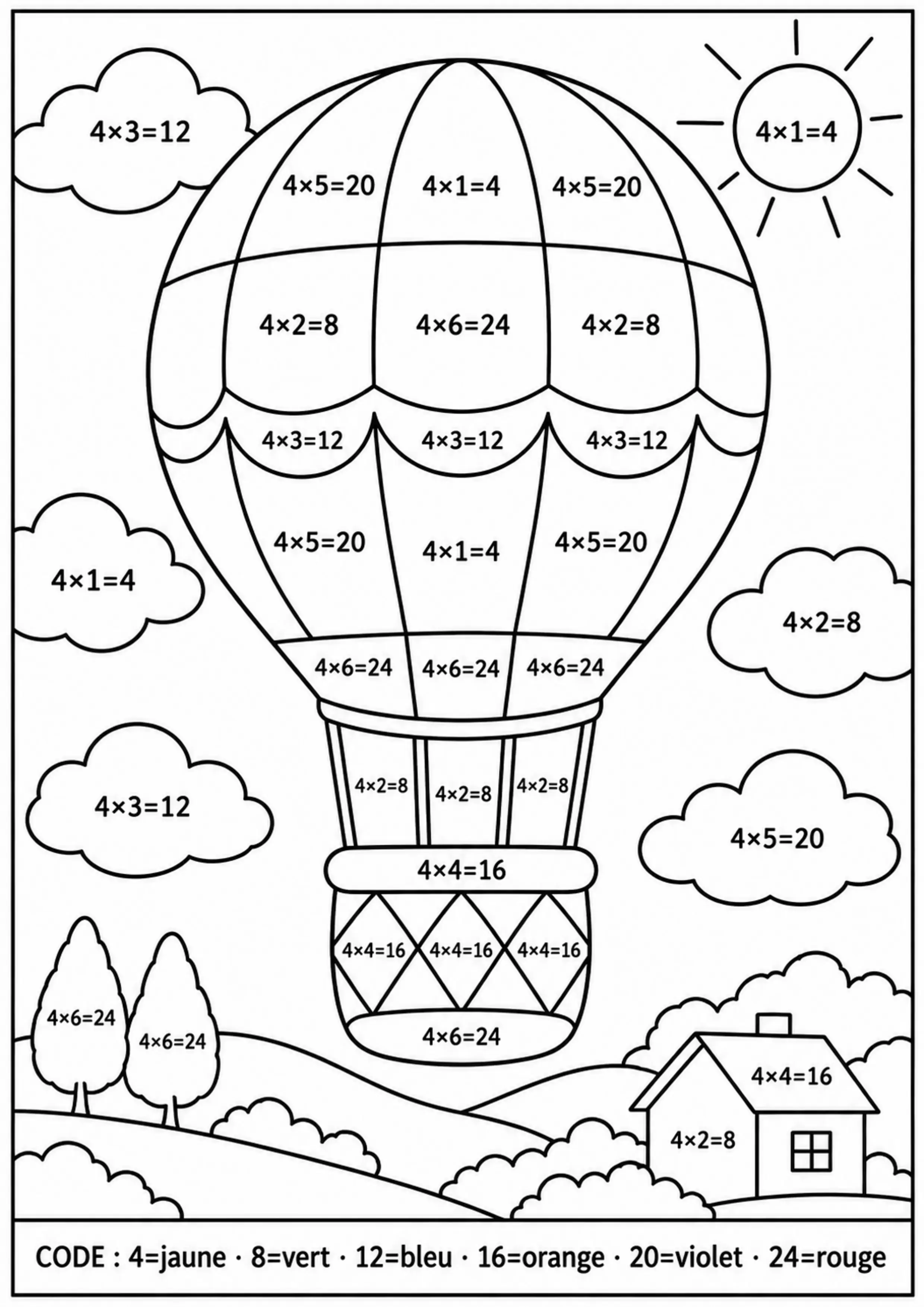 Coloriage montgolfière table de 4 à imprimer