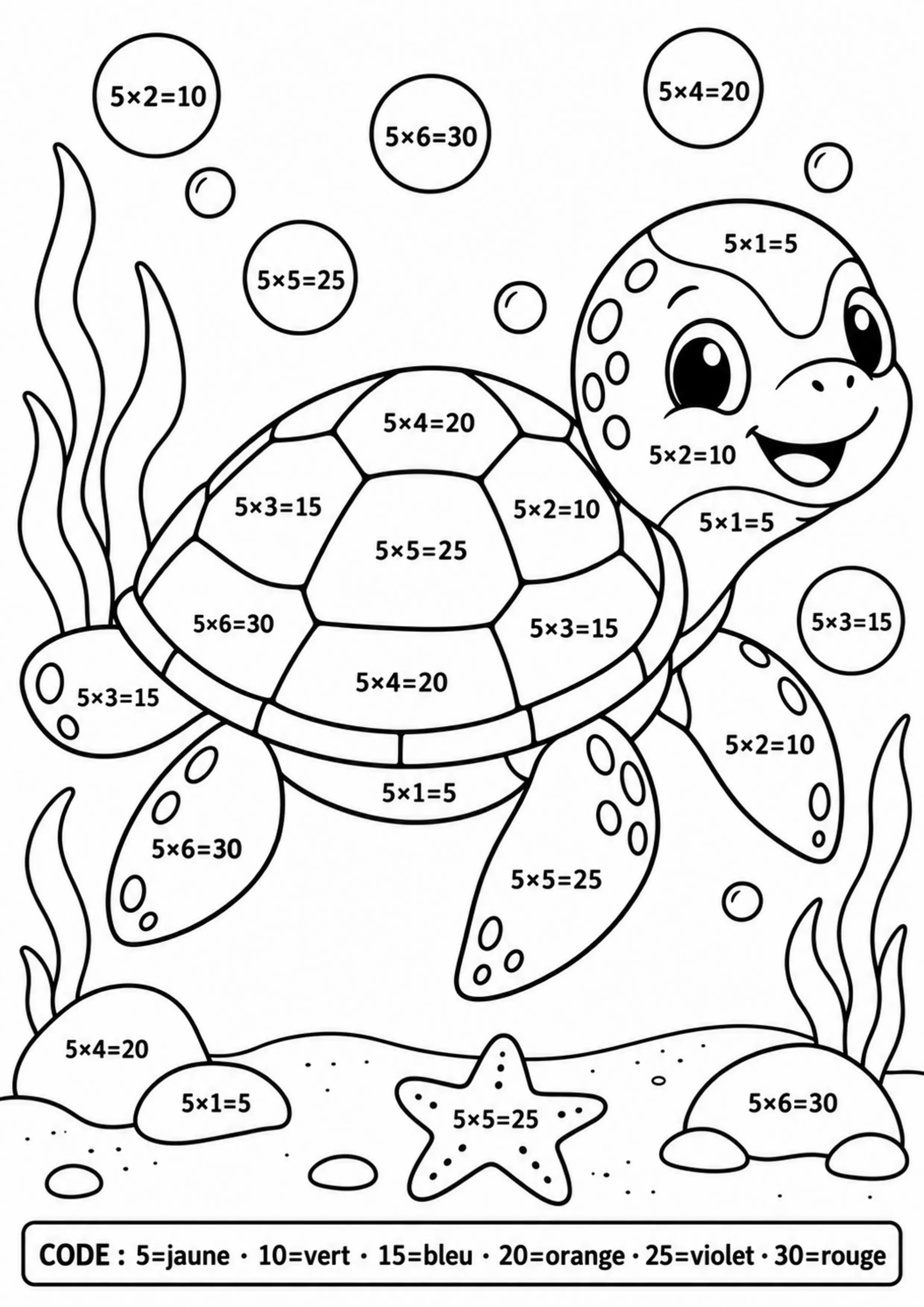 Coloriage tortue table de 5 à imprimer
