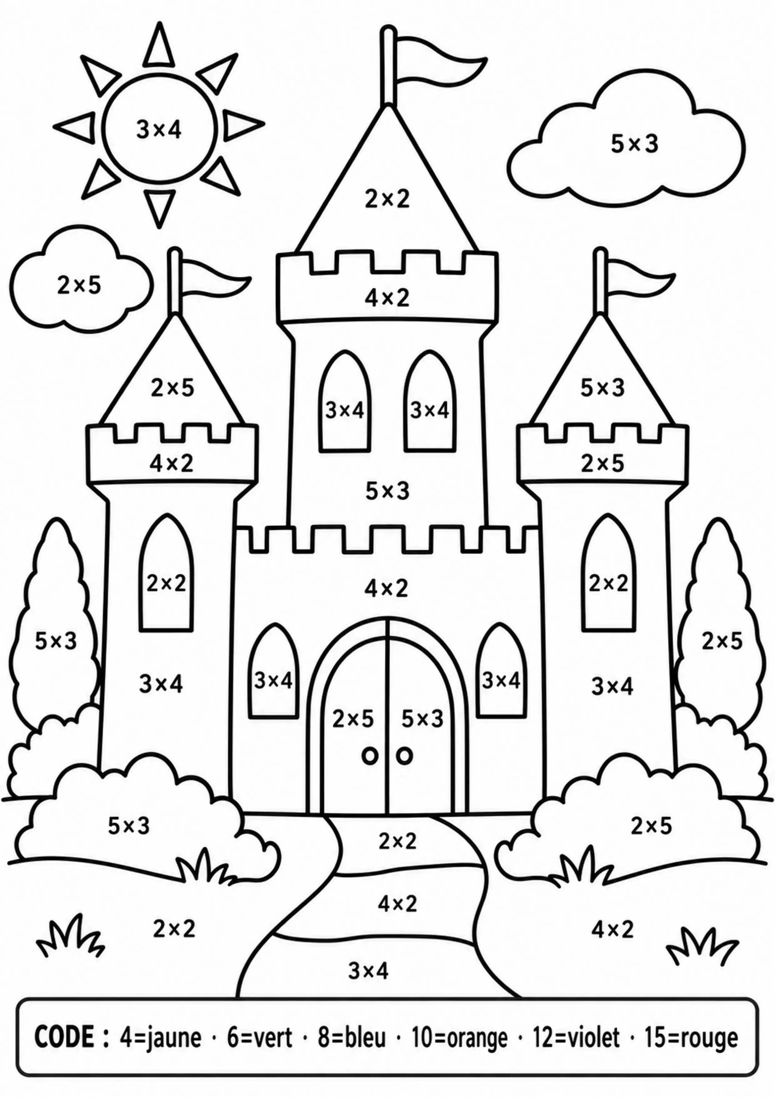 Coloriage château tables 2 à 5 à imprimer
