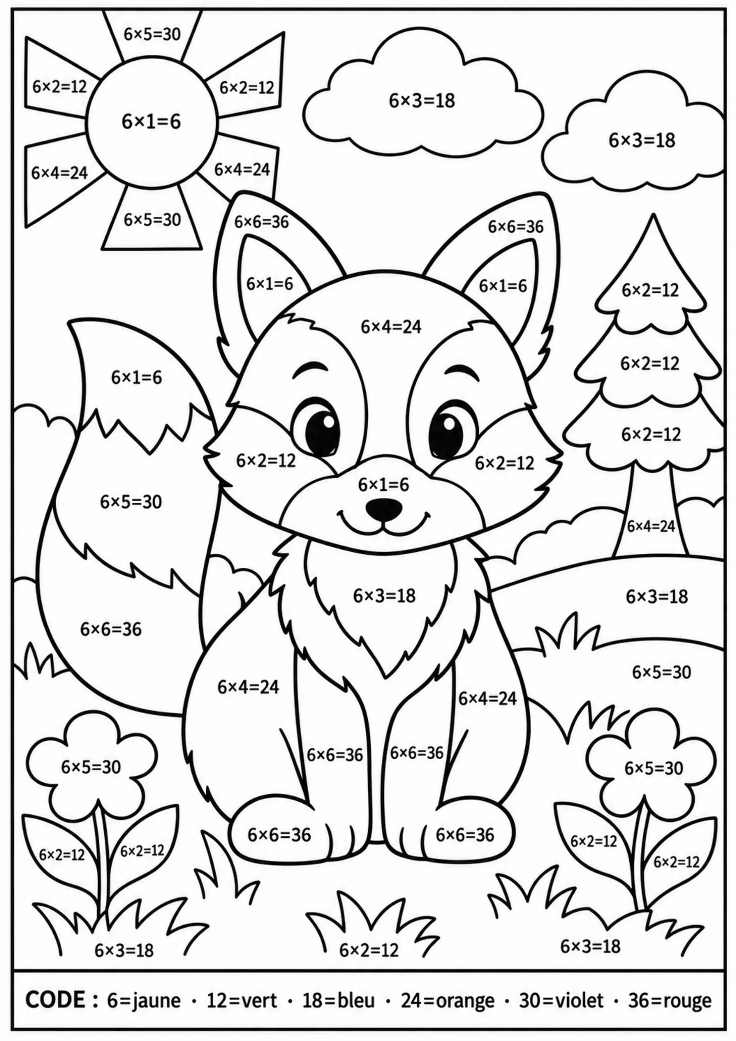 Coloriage renard table de 6 à imprimer