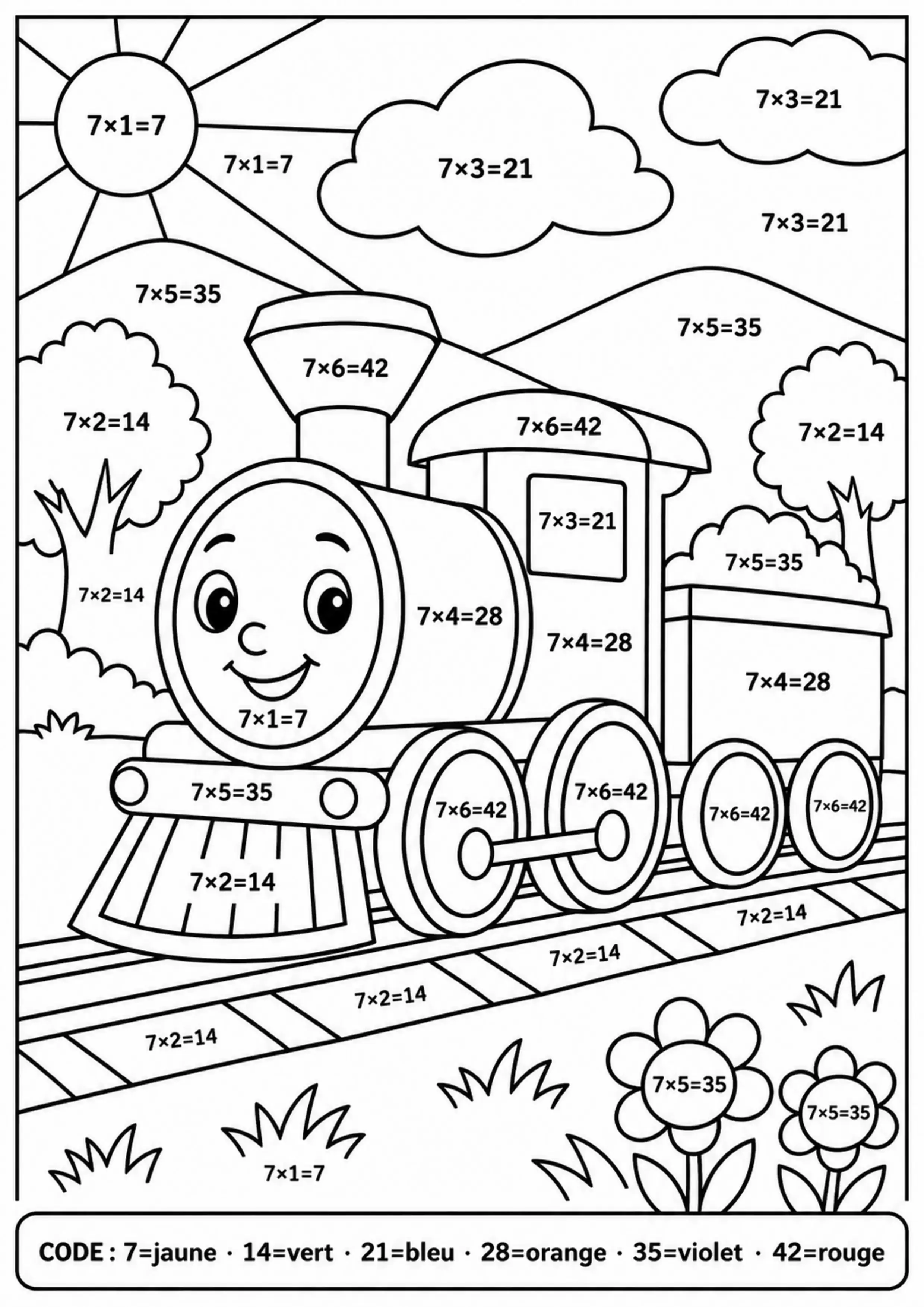 Coloriage train table de 7 à imprimer