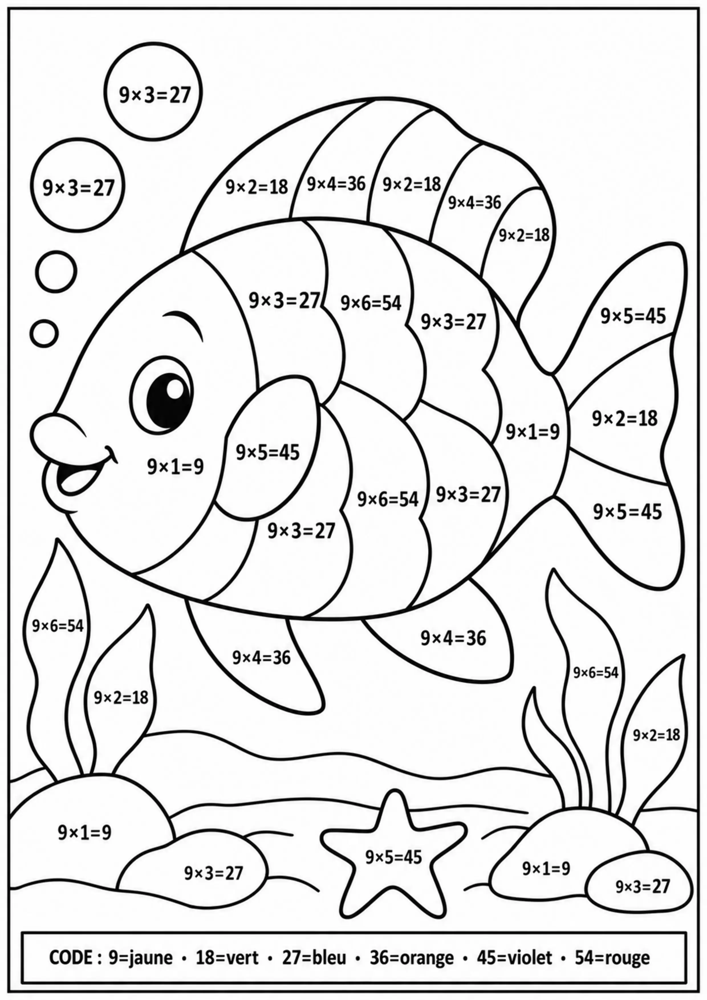 Coloriage poisson table de 9 à imprimer