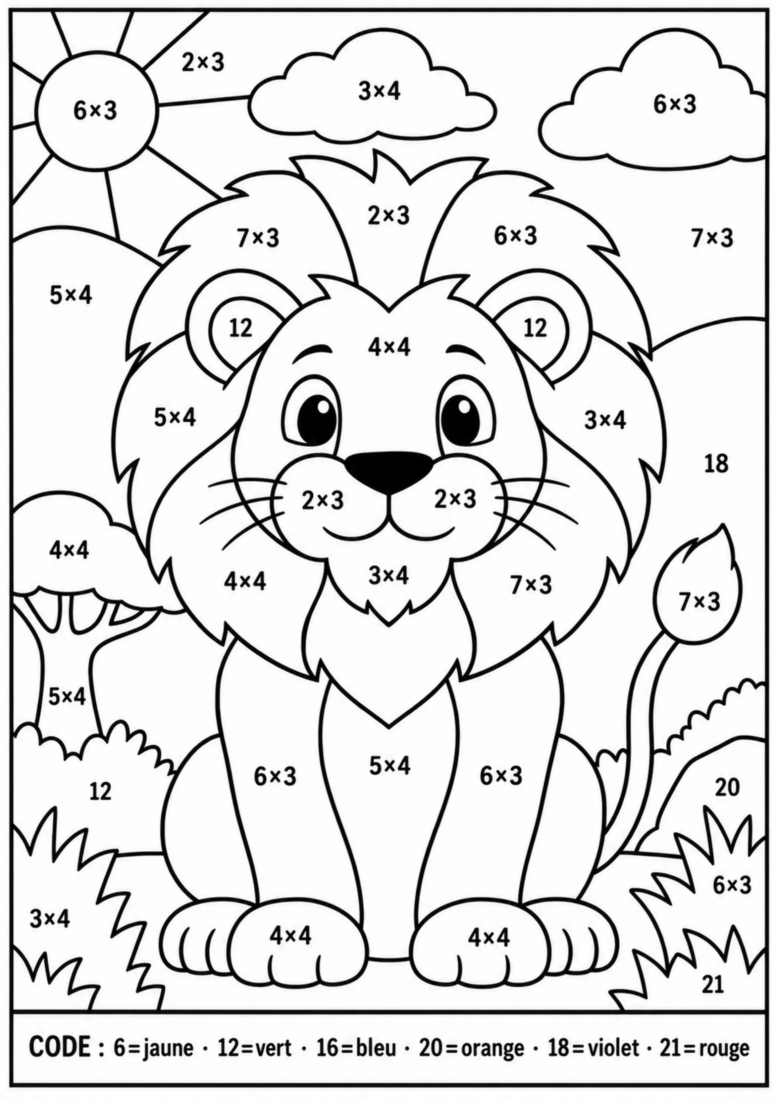 Coloriage lion tables mélangées à imprimer