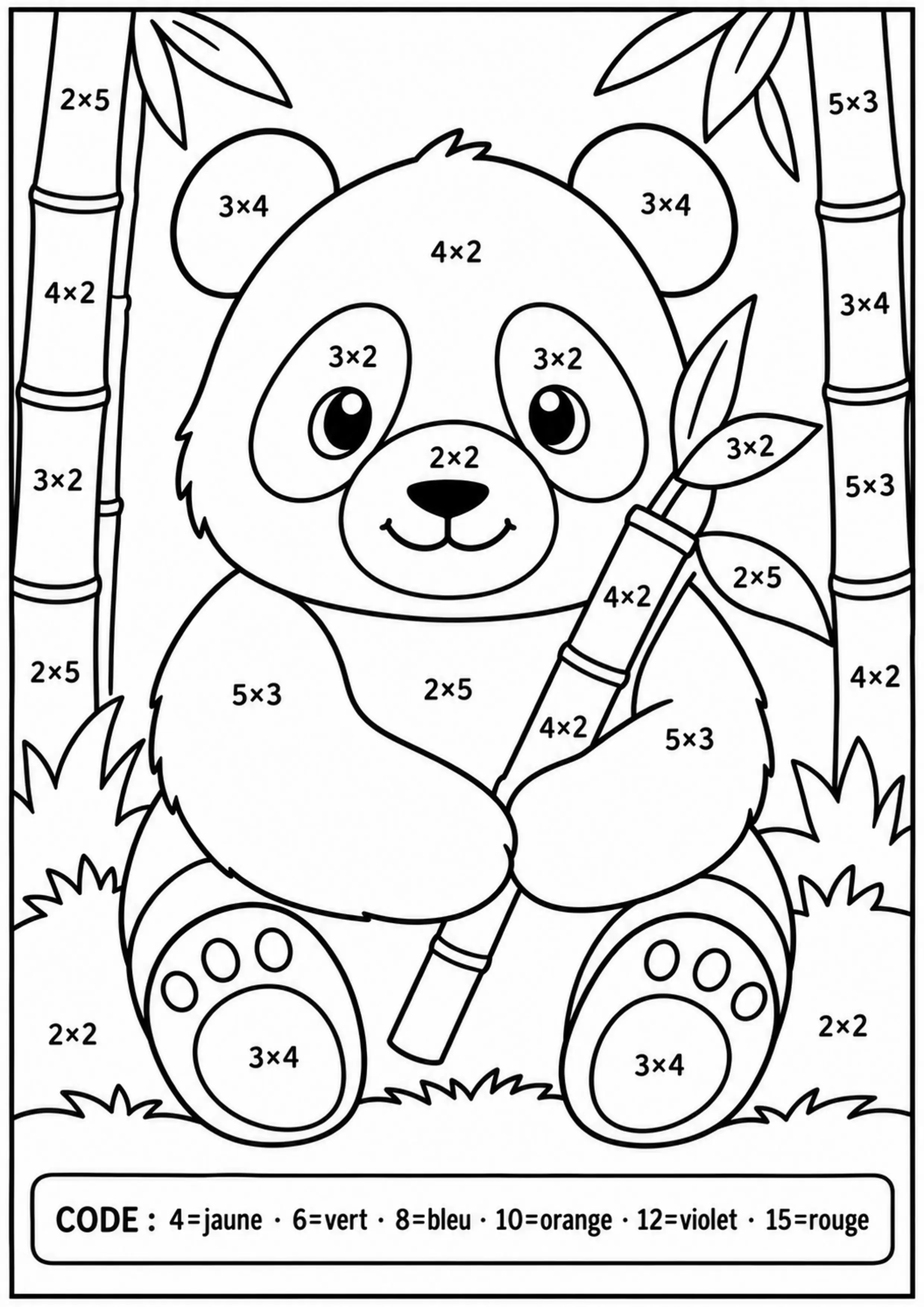 Coloriage panda tables 2 à 5 à imprimer