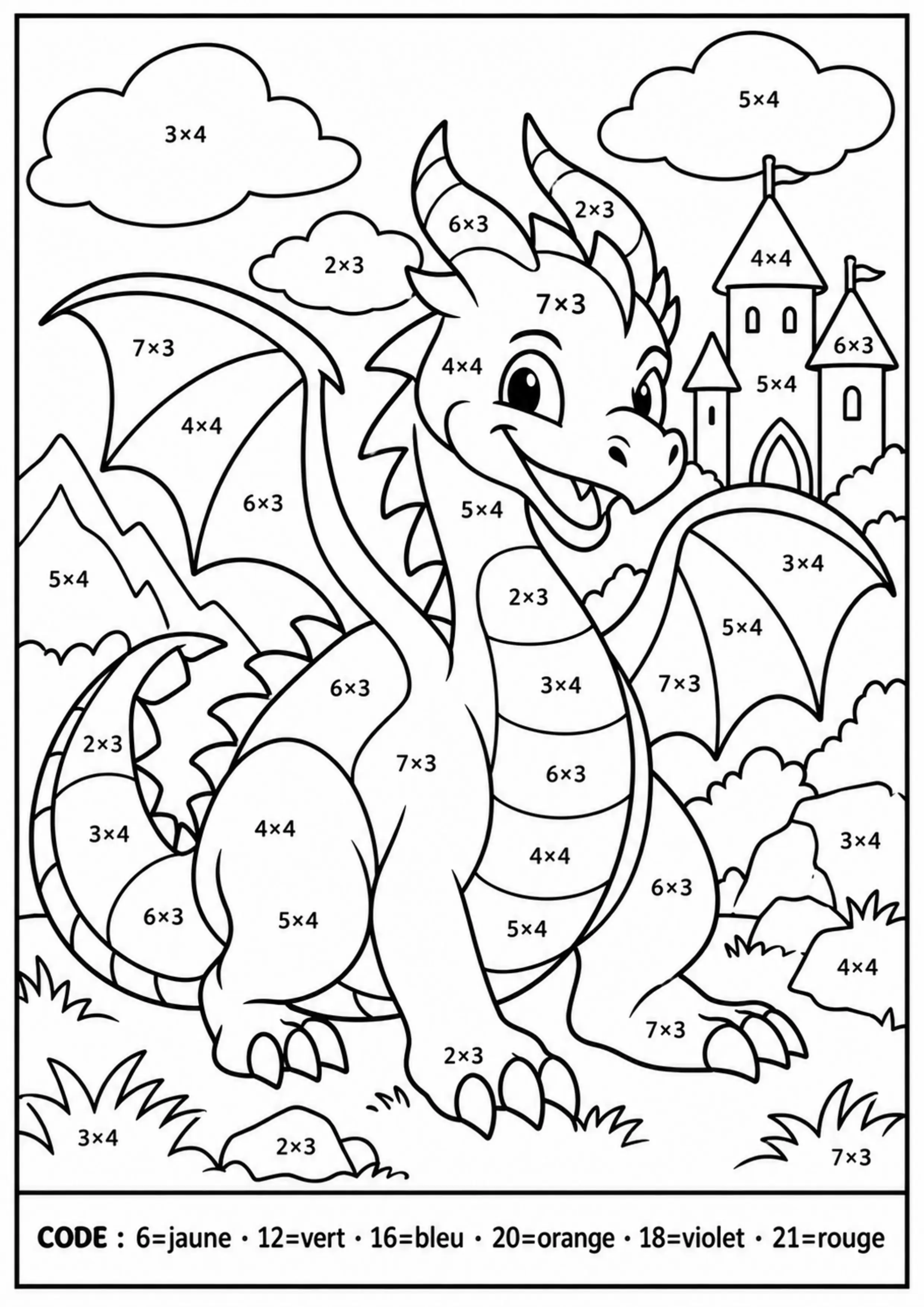 Coloriage dragon original multiplications mélangées à imprimer