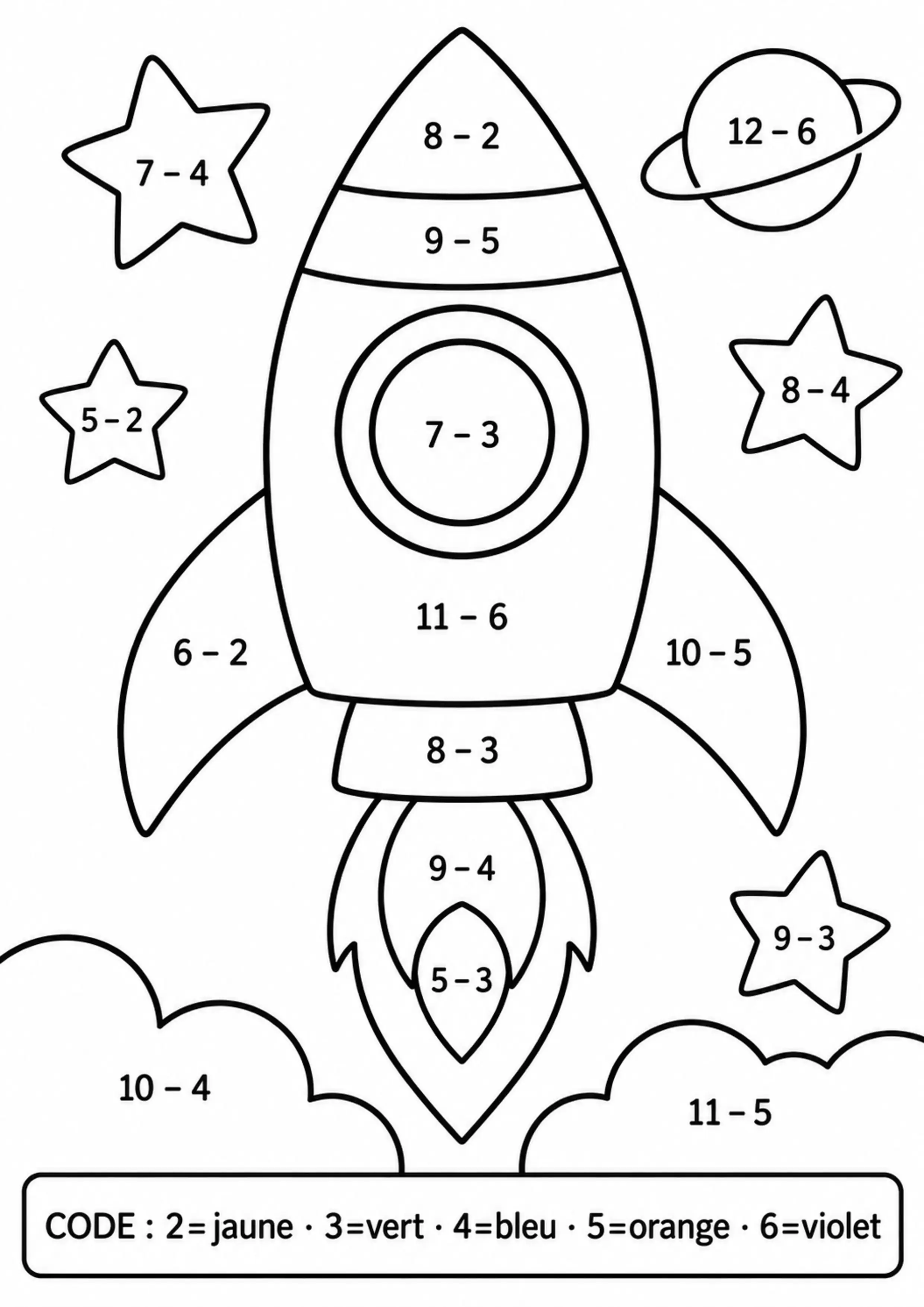 Coloriage fusée révélée par soustractions à imprimer