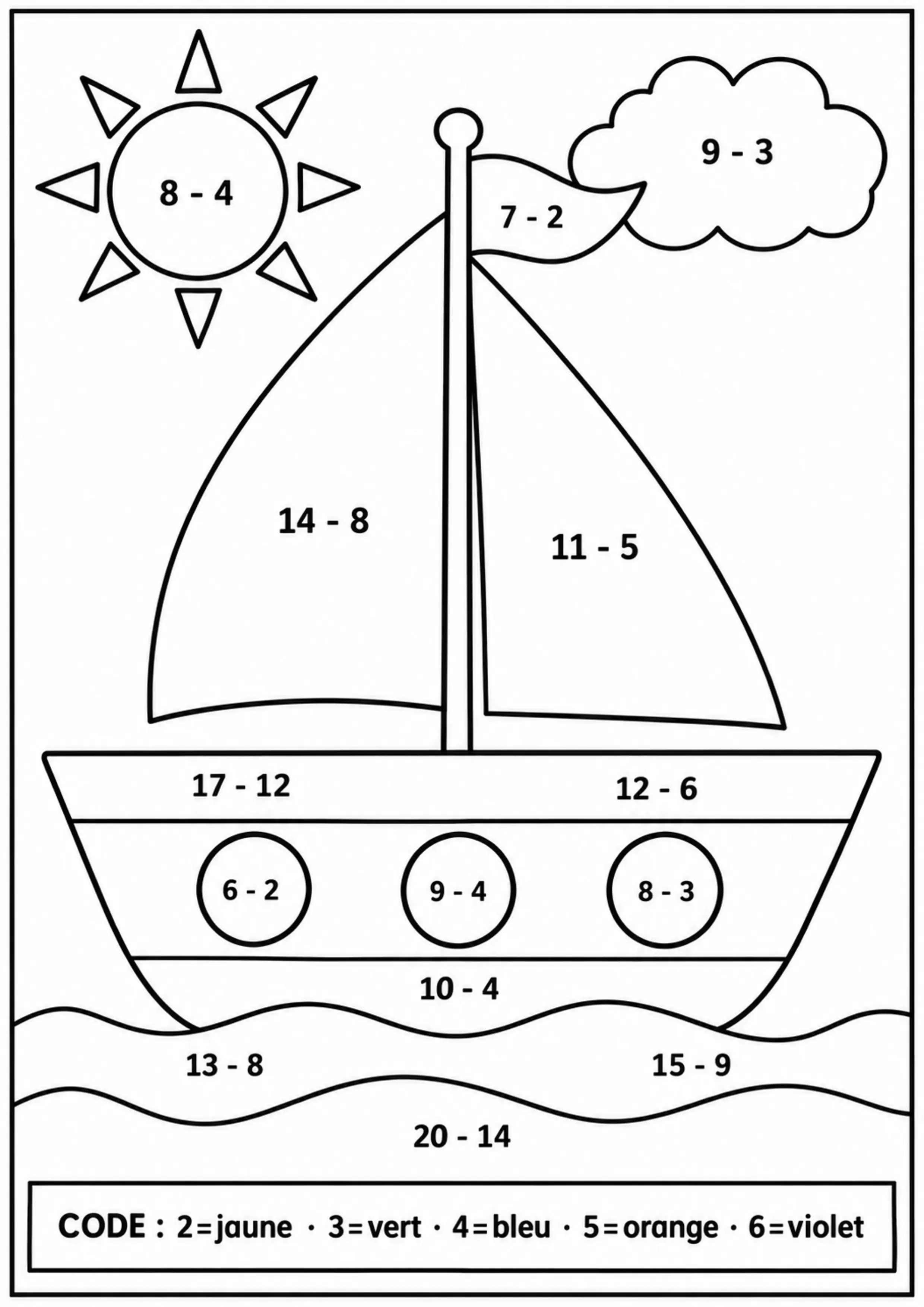 Coloriage bateau révélé par retraits jusqu’à 20 à imprimer