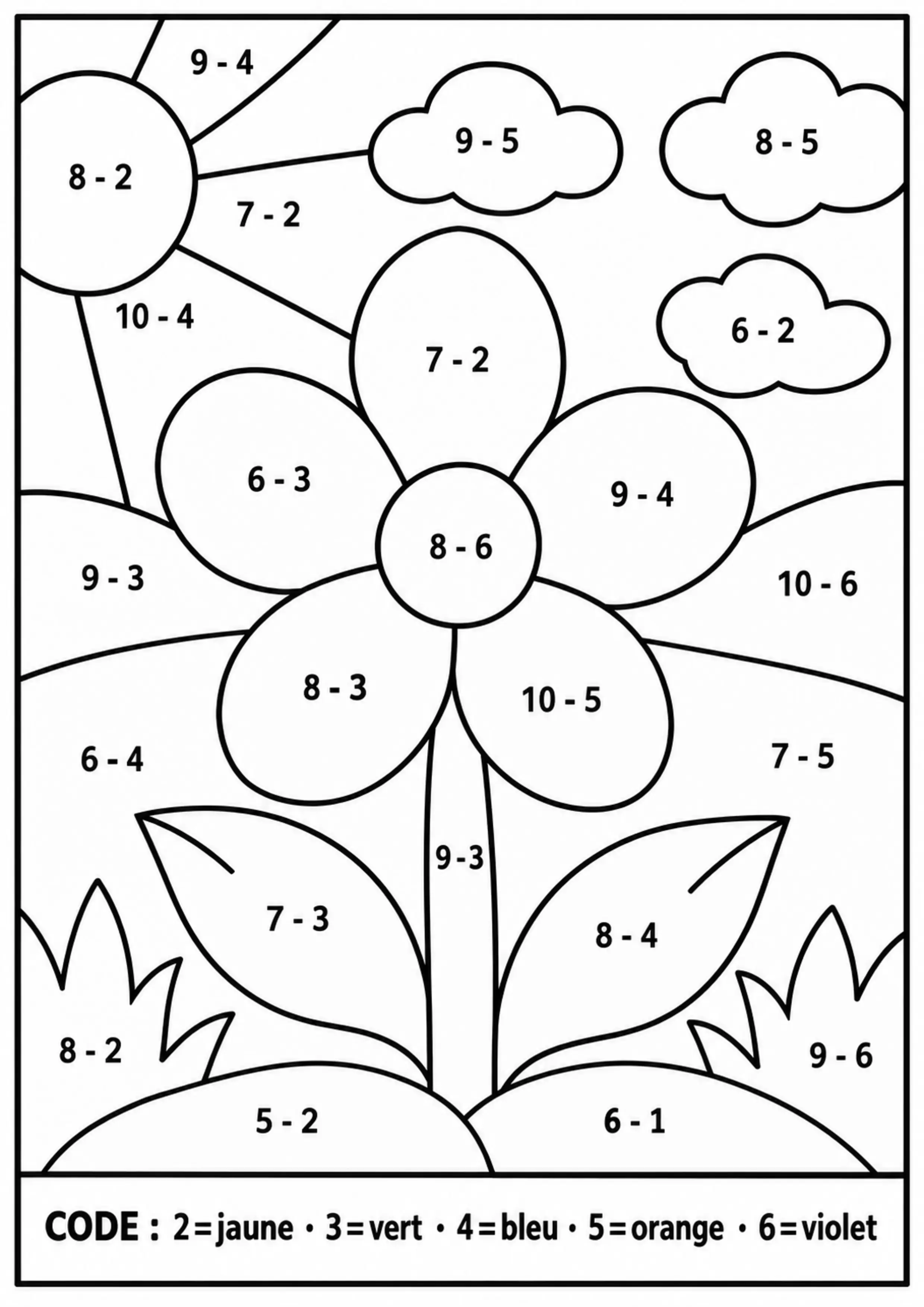 Coloriage fleur révélée par petites soustractions à imprimer