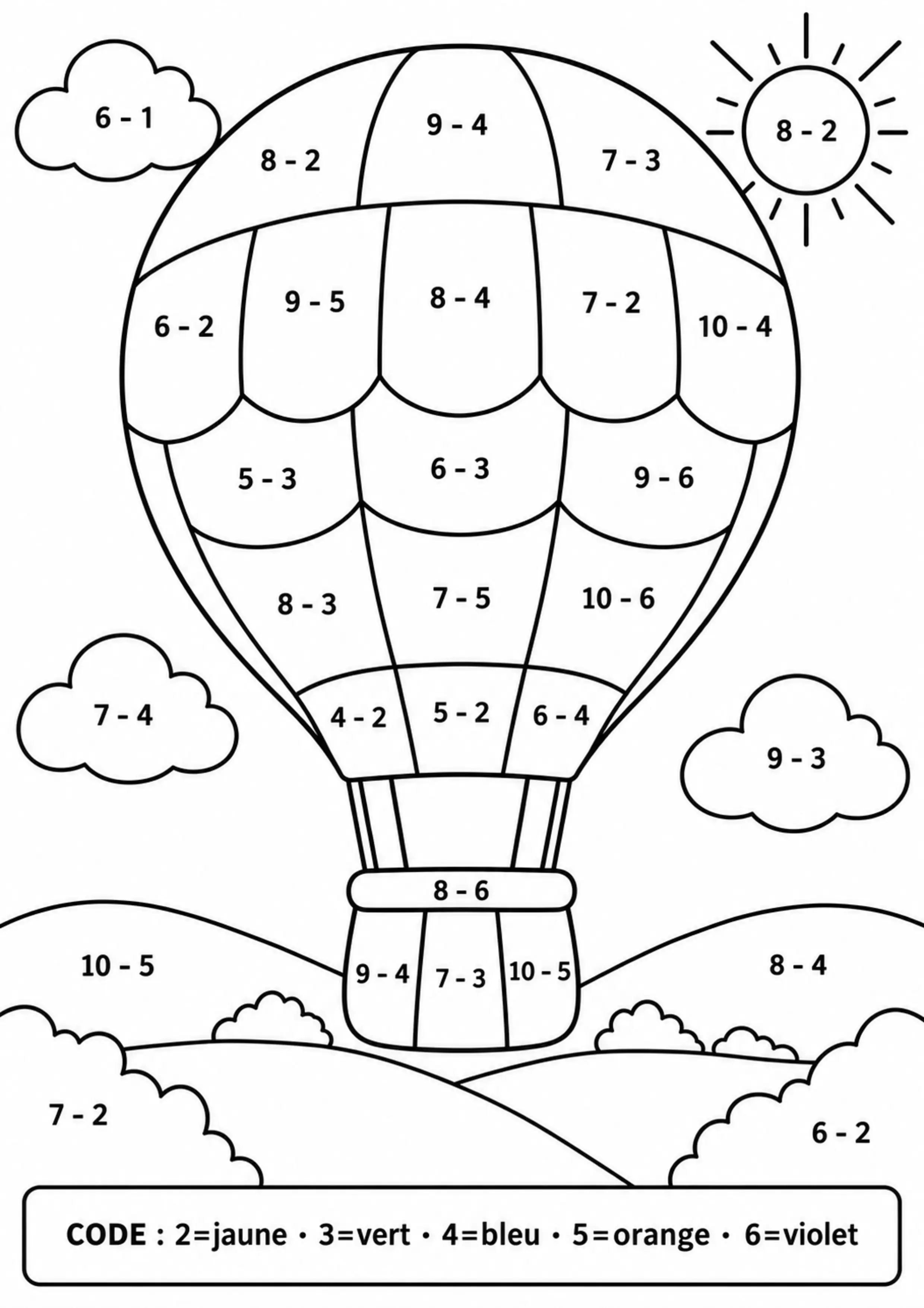 Coloriage montgolfière révélée par soustractions à imprimer