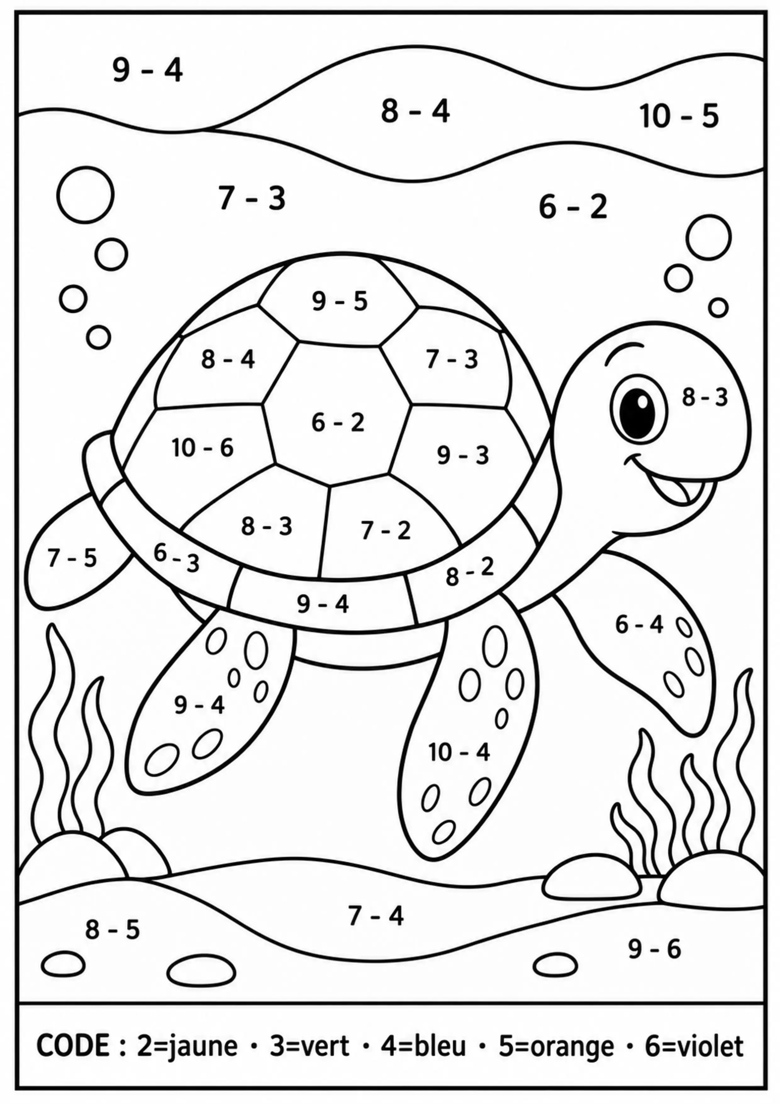 Coloriage tortue révélée par nombres manquants à imprimer