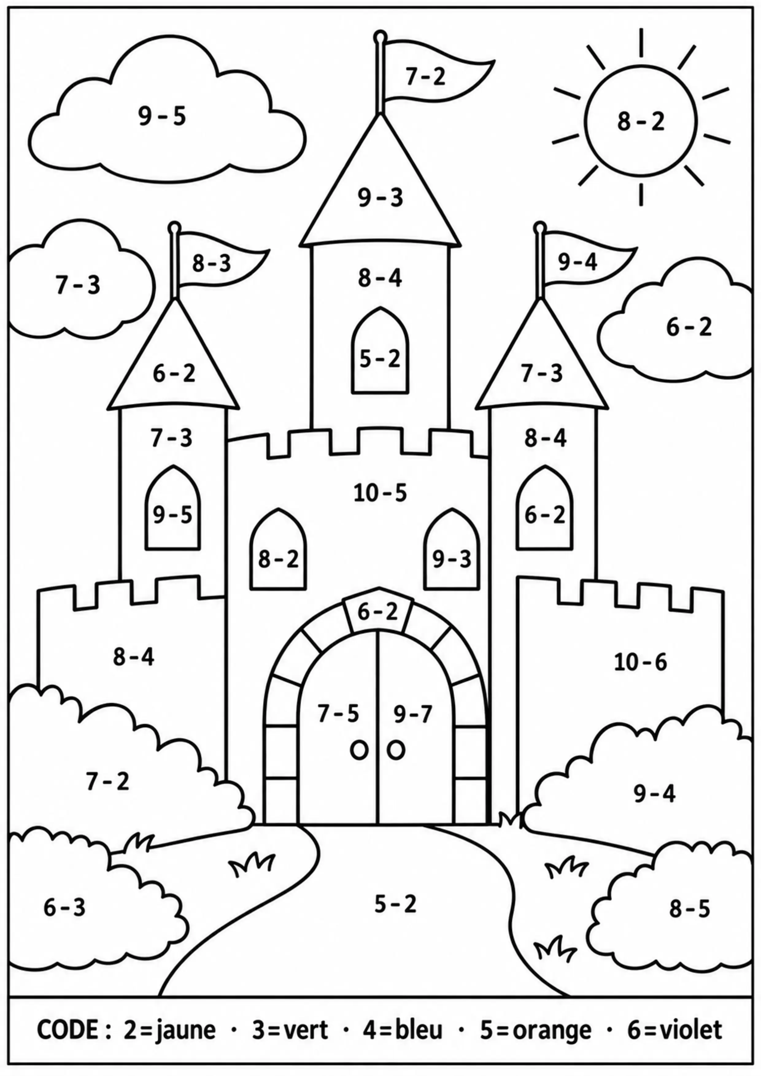 Coloriage château révélé par retraits à imprimer