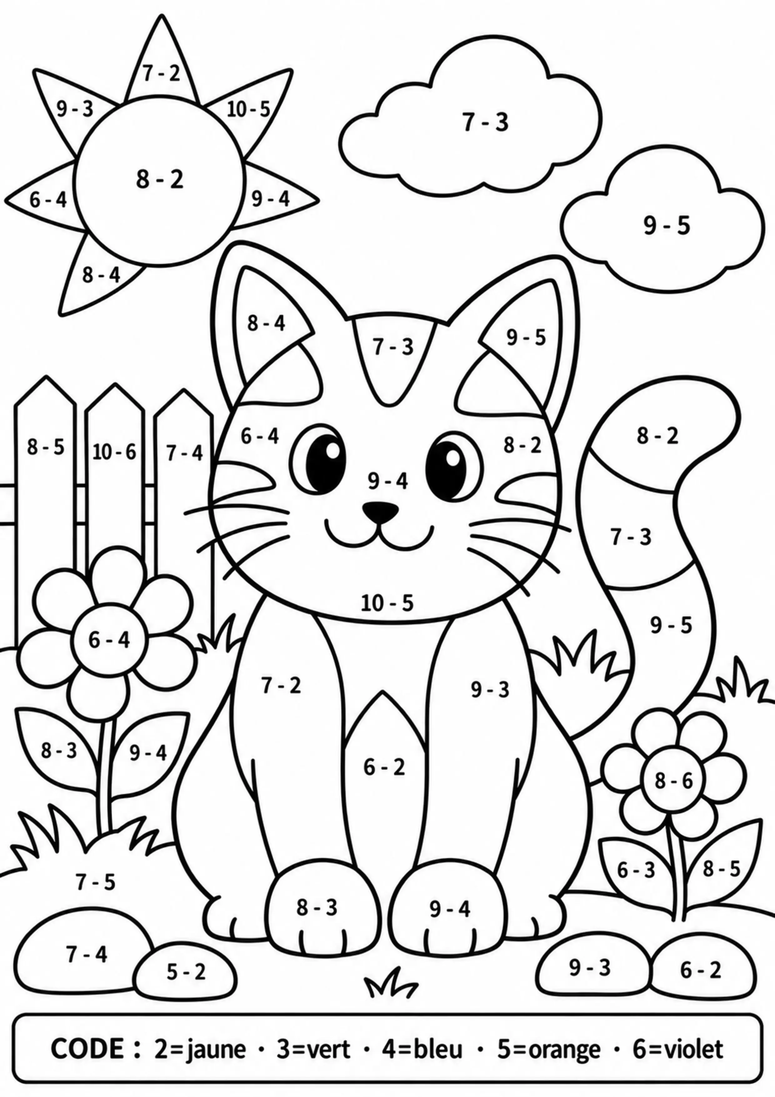 Coloriage chat révélé par soustractions à imprimer