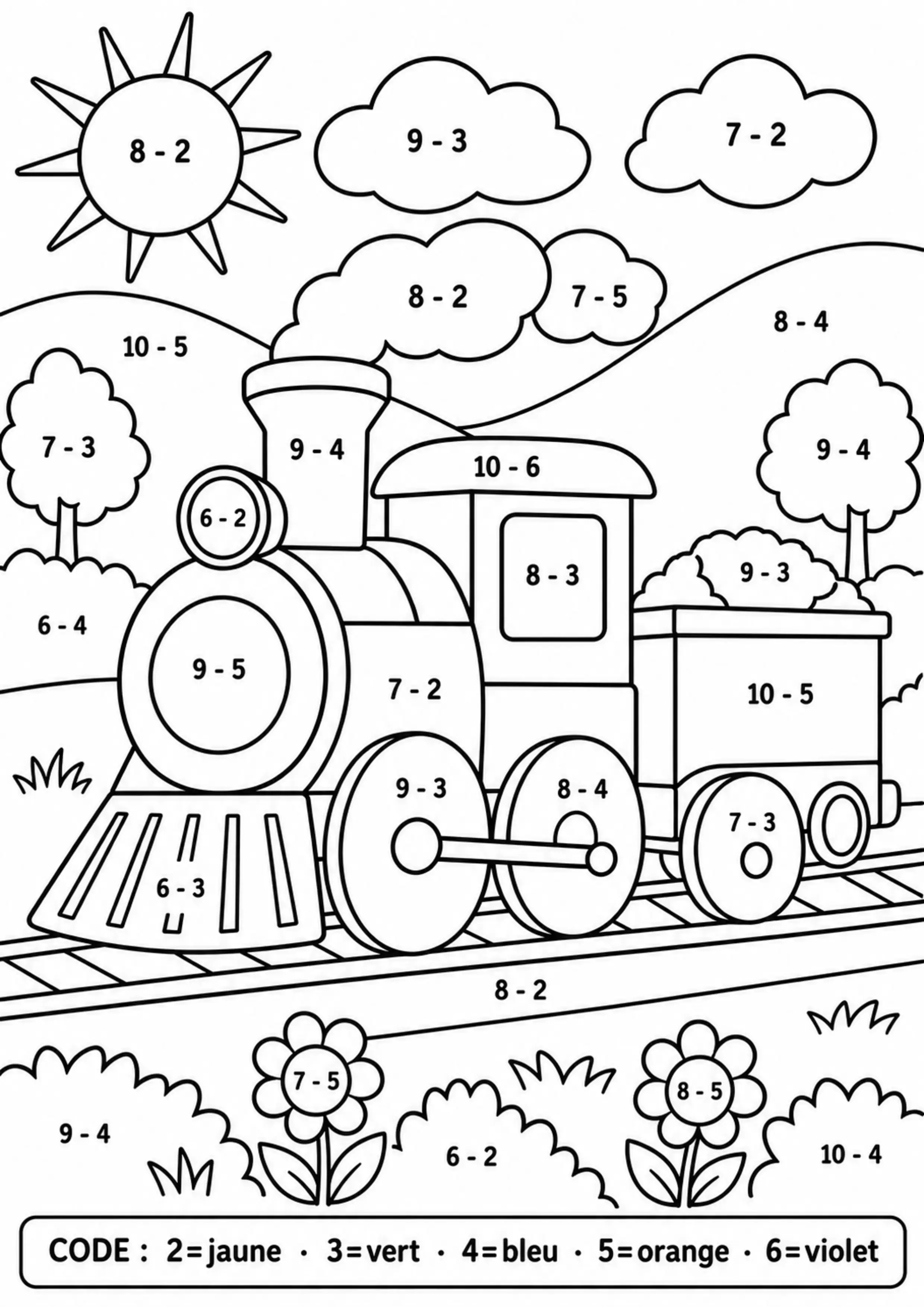 Coloriage train révélé par différences à imprimer