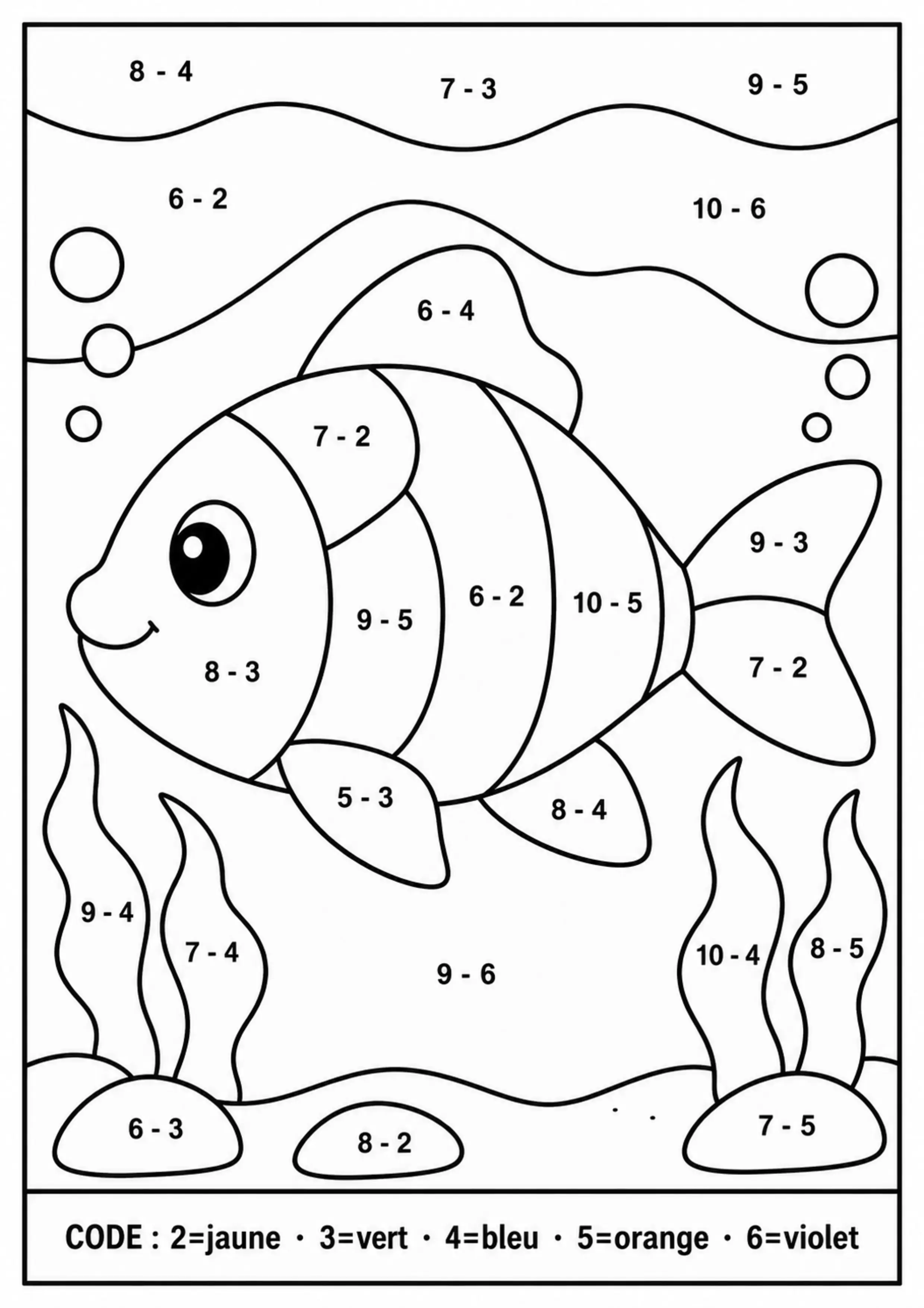 Coloriage poisson révélé par soustractions à imprimer
