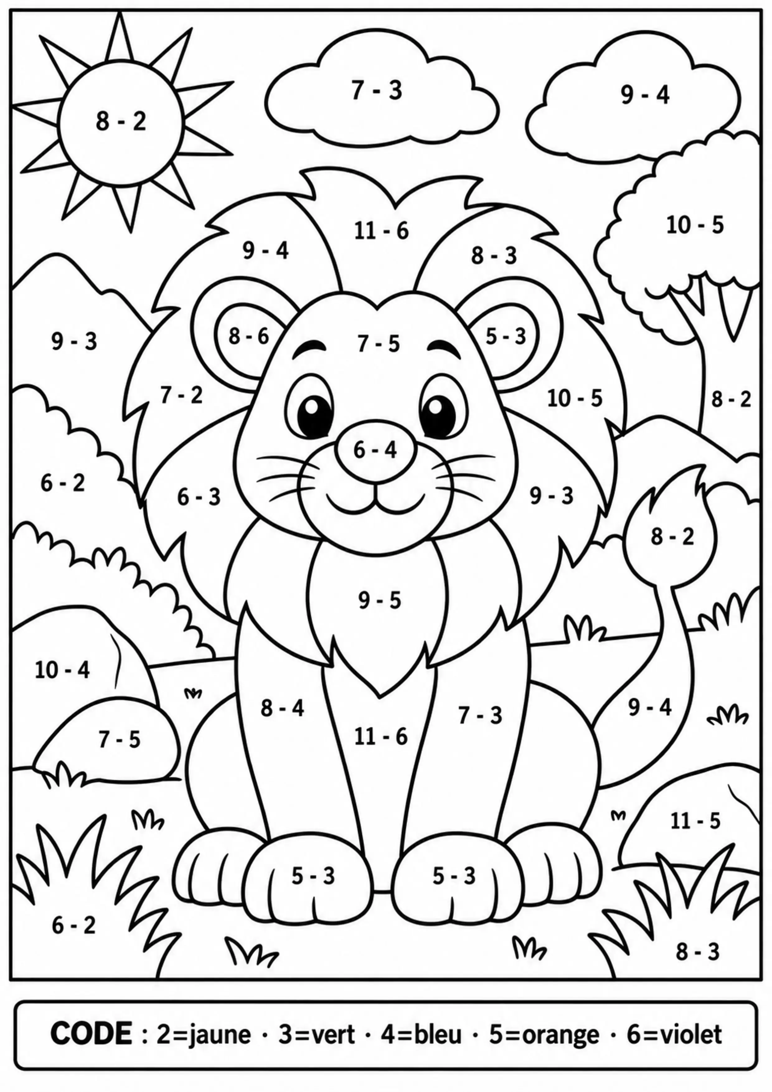 Coloriage lion révélé par soustractions à imprimer