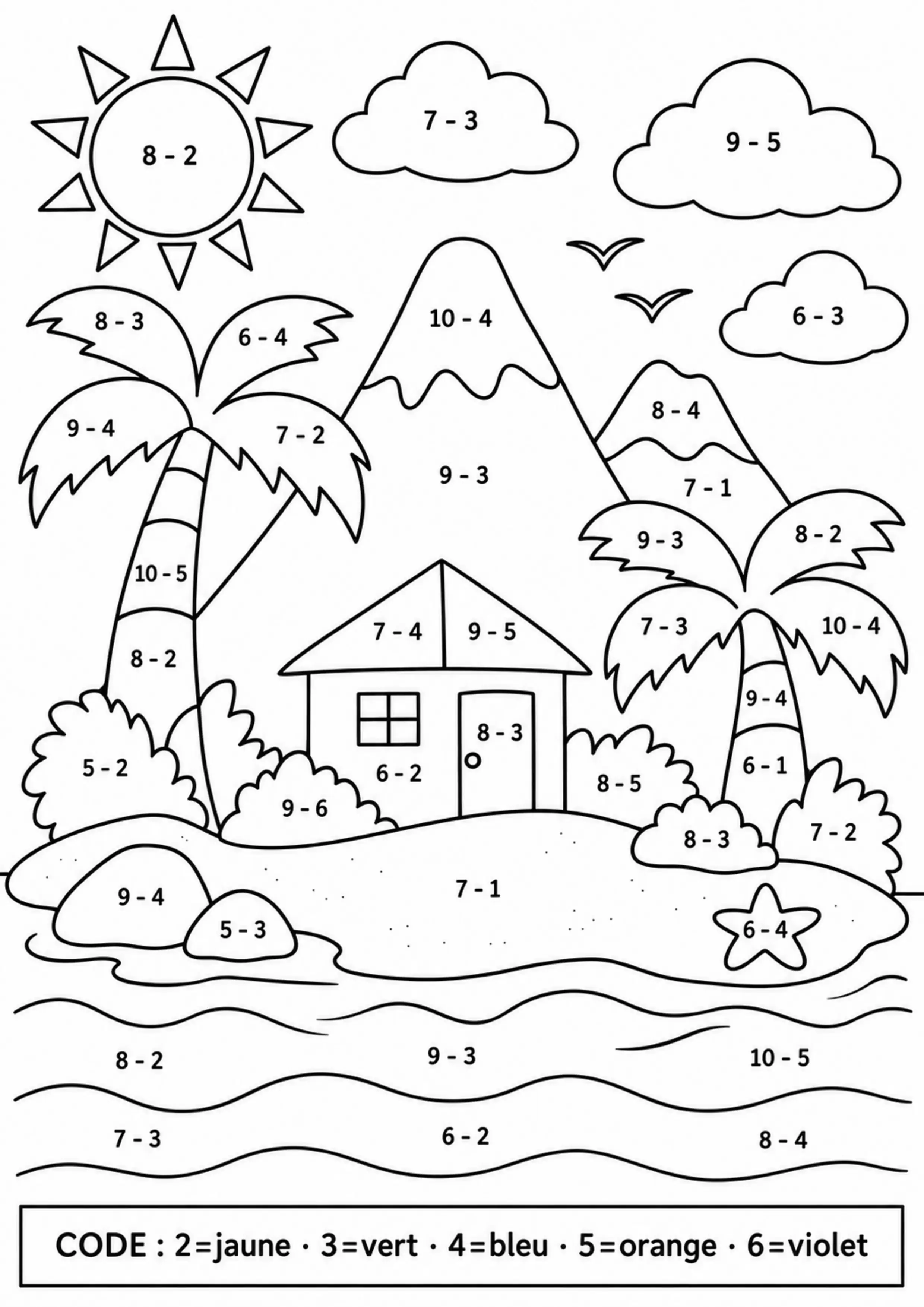 Coloriage île révélée par soustractions à imprimer