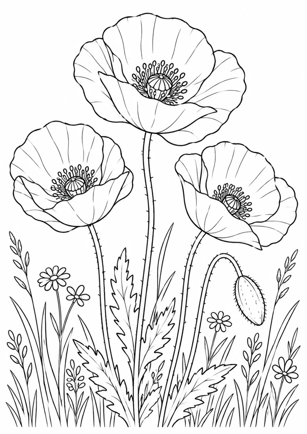 Coloriage coquelicot : prairie, modèle 01