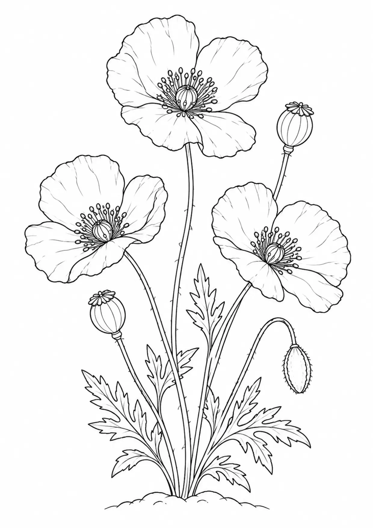 Coloriage coquelicot à imprimer montrant sauvages, illustration 4