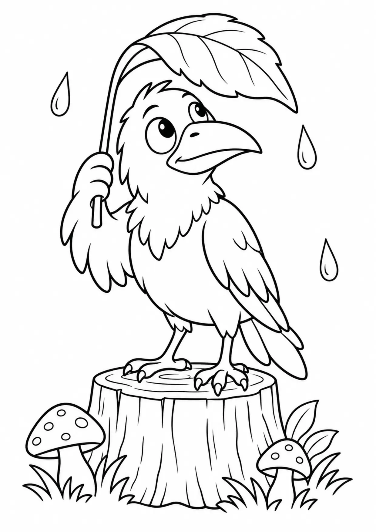 Coloriage corbeau : pluie à imprimer montrant pluie, dessin noir et blanc