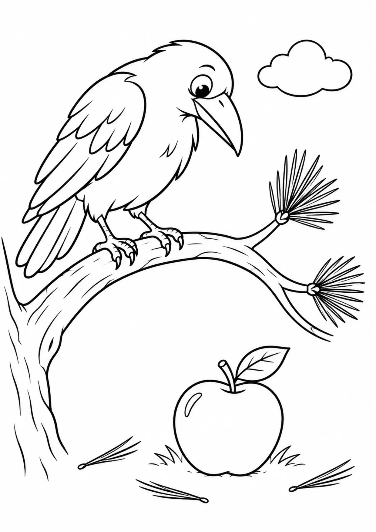 Coloriage corbeau : pomme pin