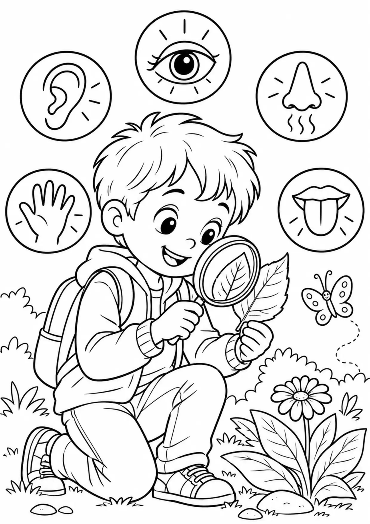 Coloriage corps humain : enfant découvrant les cinq sens autour de lui à imprimer