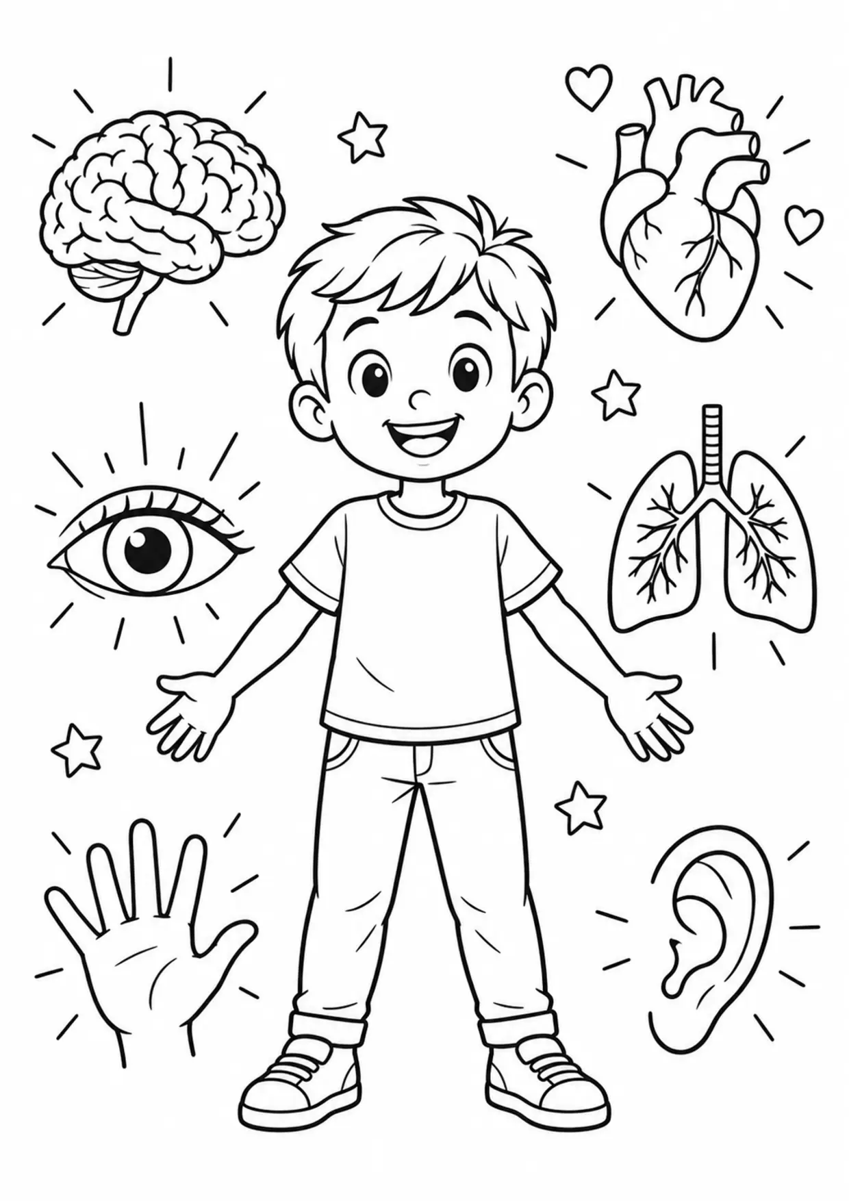 Coloriage corps humain : silhouette d’enfant avec cœur, poumons et cerveau simplifiés à imprimer