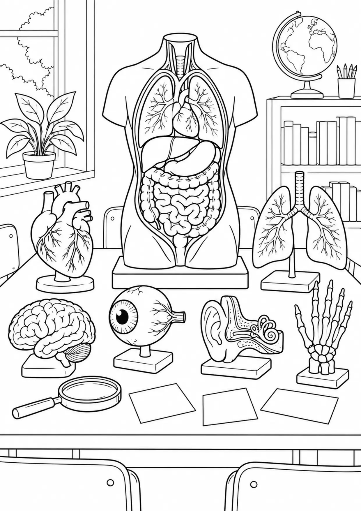 Coloriage corps humain : poumons et respiration présentés avec une poitrine en mouvement à imprimer