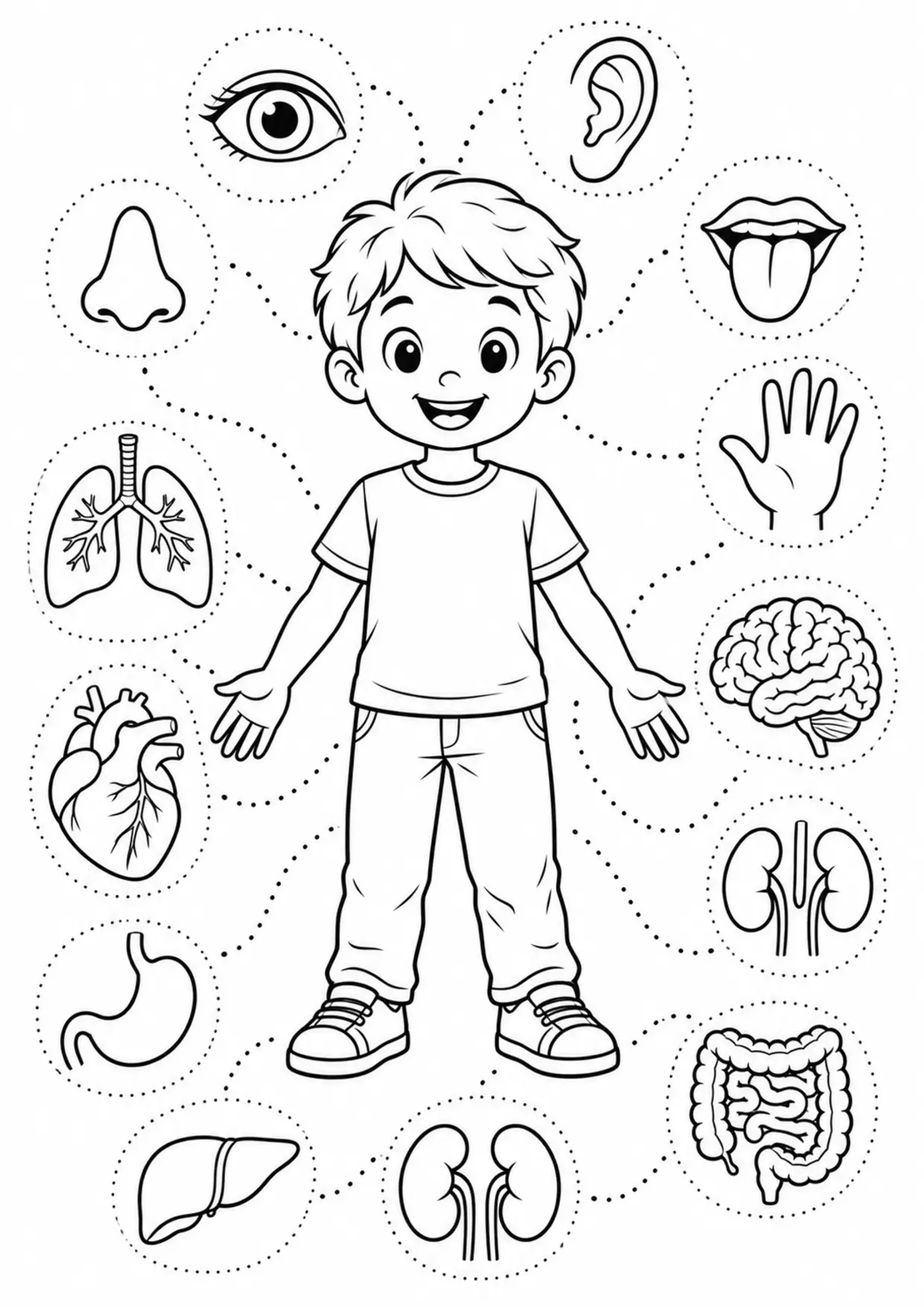 Coloriage corps humain : squelette souple et muscles d’un enfant qui bouge à imprimer