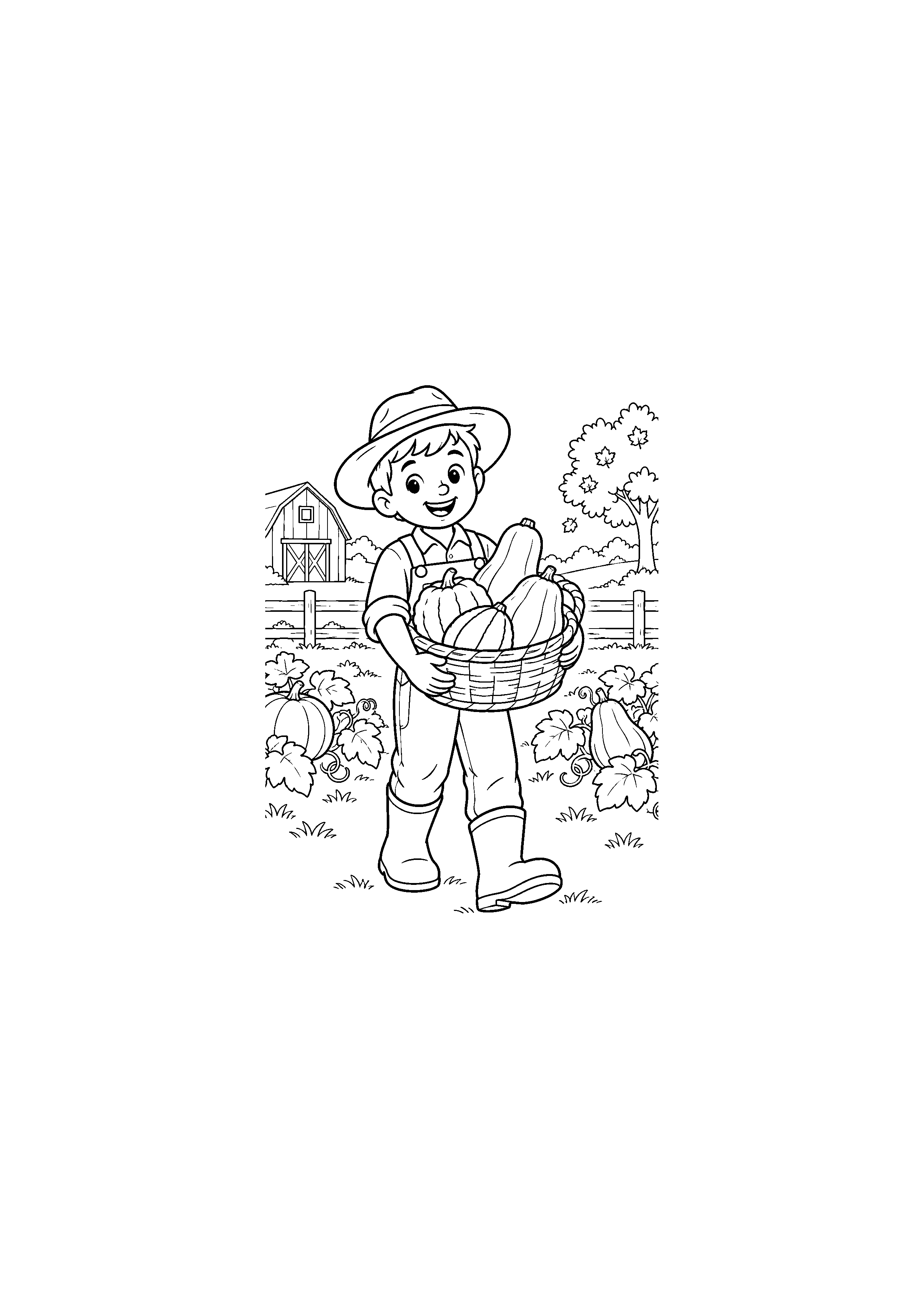 Fermier portant un panier de courges à la ferme