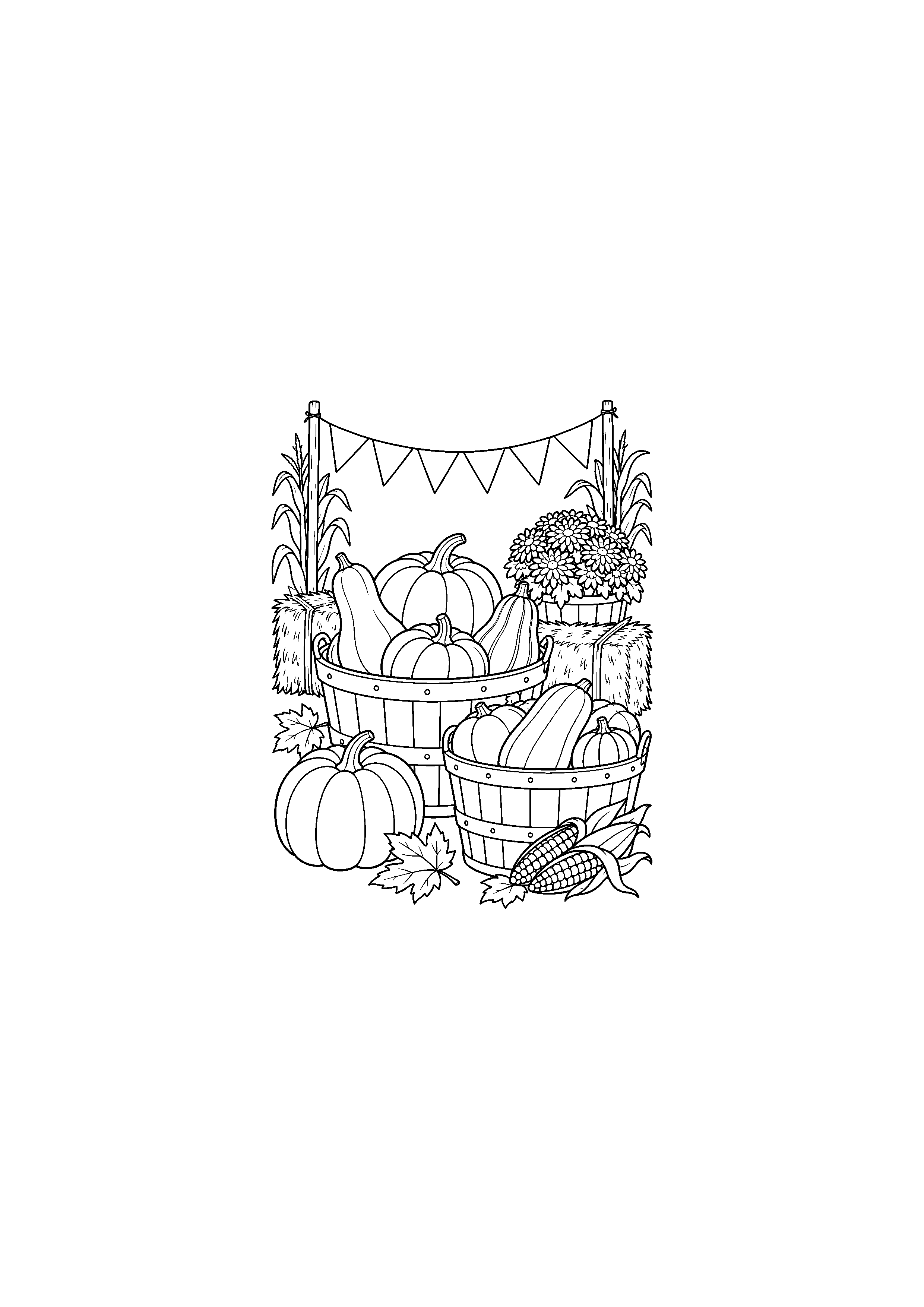 Stand familial avec paniers de courges et fanions
