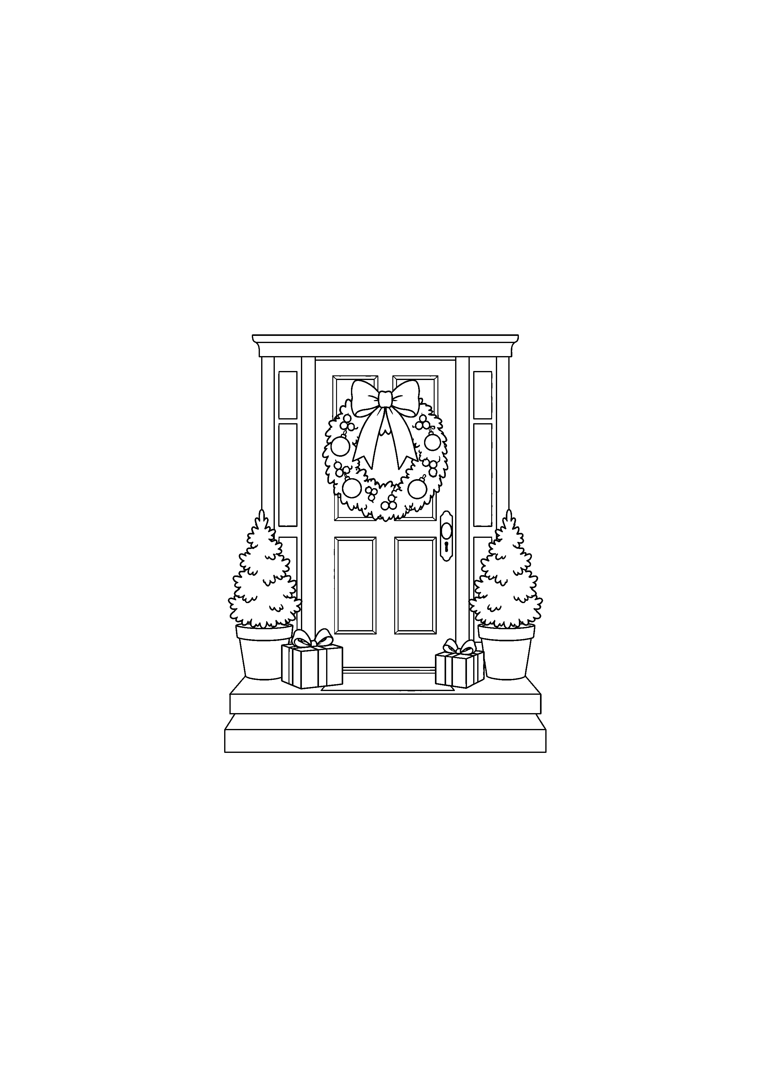 Coloriage Couronne accrochée à une porte avec cadeaux à imprimer