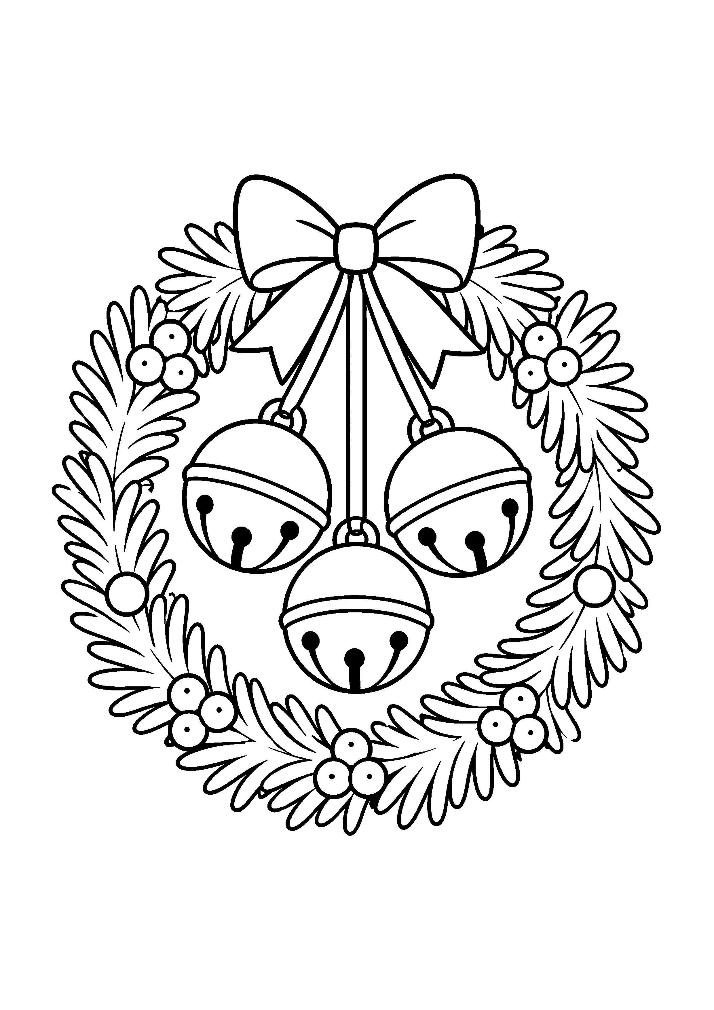 Coloriage Une couronne de Noël avec trois grandes cloches de Noël à imprimer gratuitement