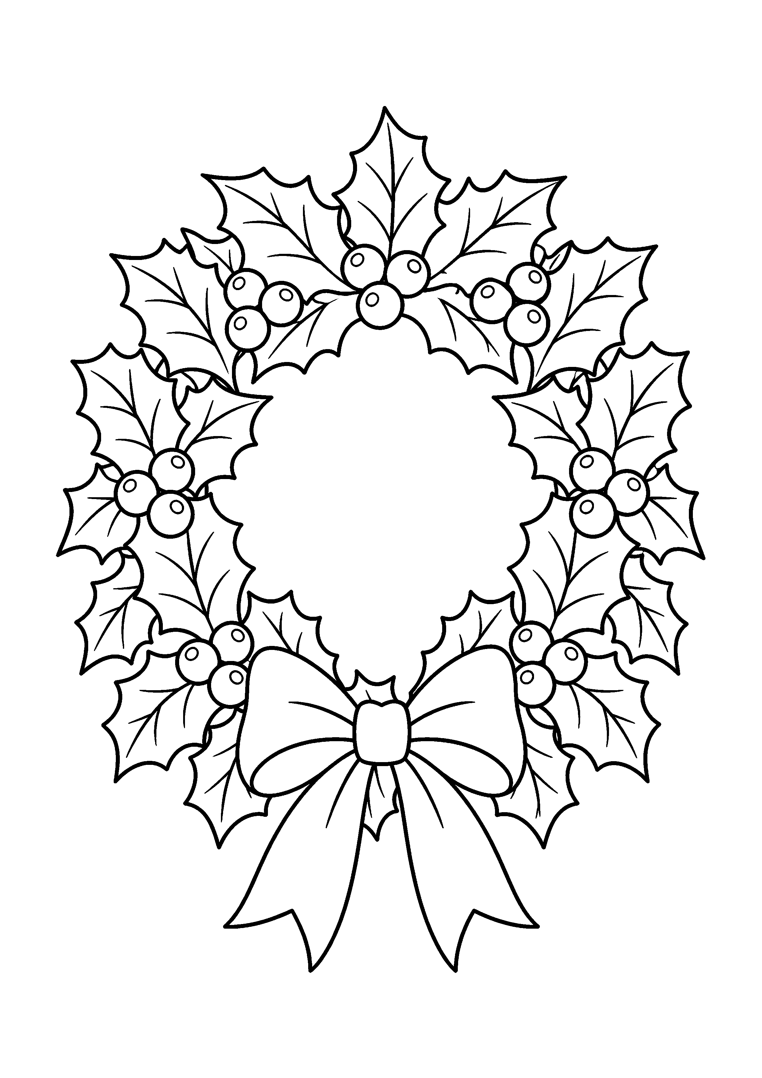 Coloriage Une couronne composée de feuilles de houx et de baies de Noël à imprimer gratuitement