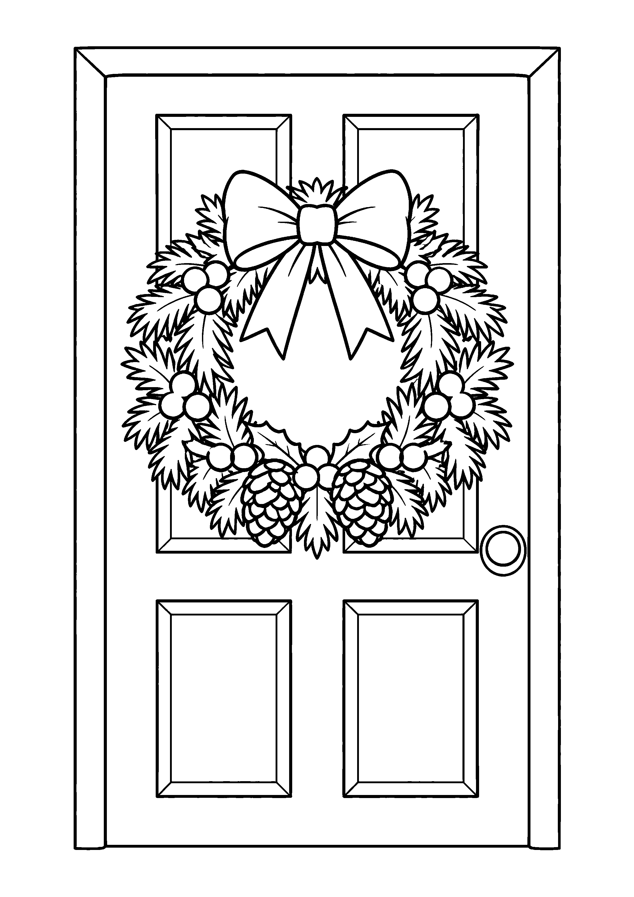 Coloriage Une couronne de Noël suspendue à une porte de Noël à imprimer gratuitement