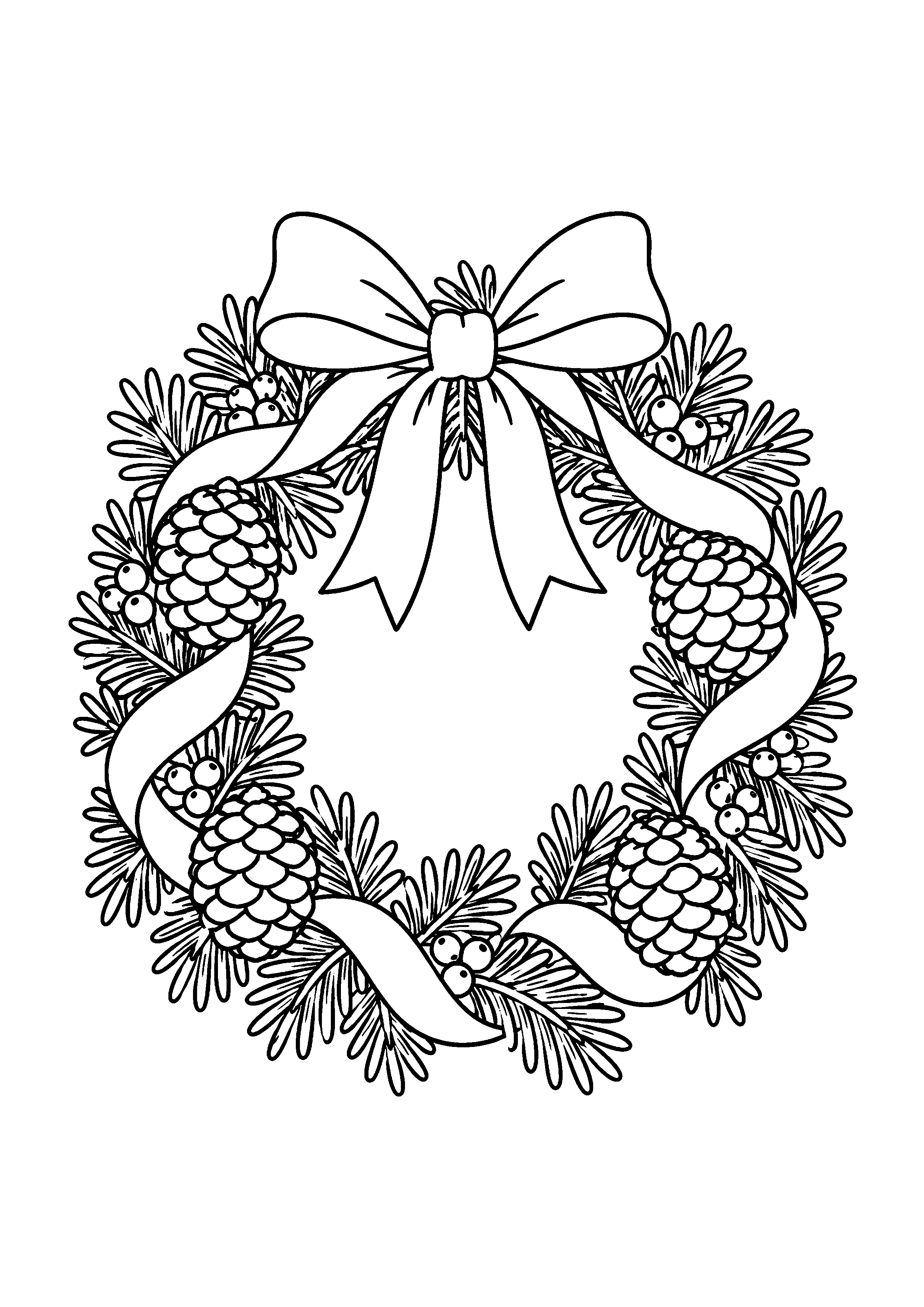 Coloriage Une couronne rustique avec pommes de pin et ruban de Noël à imprimer gratuitement