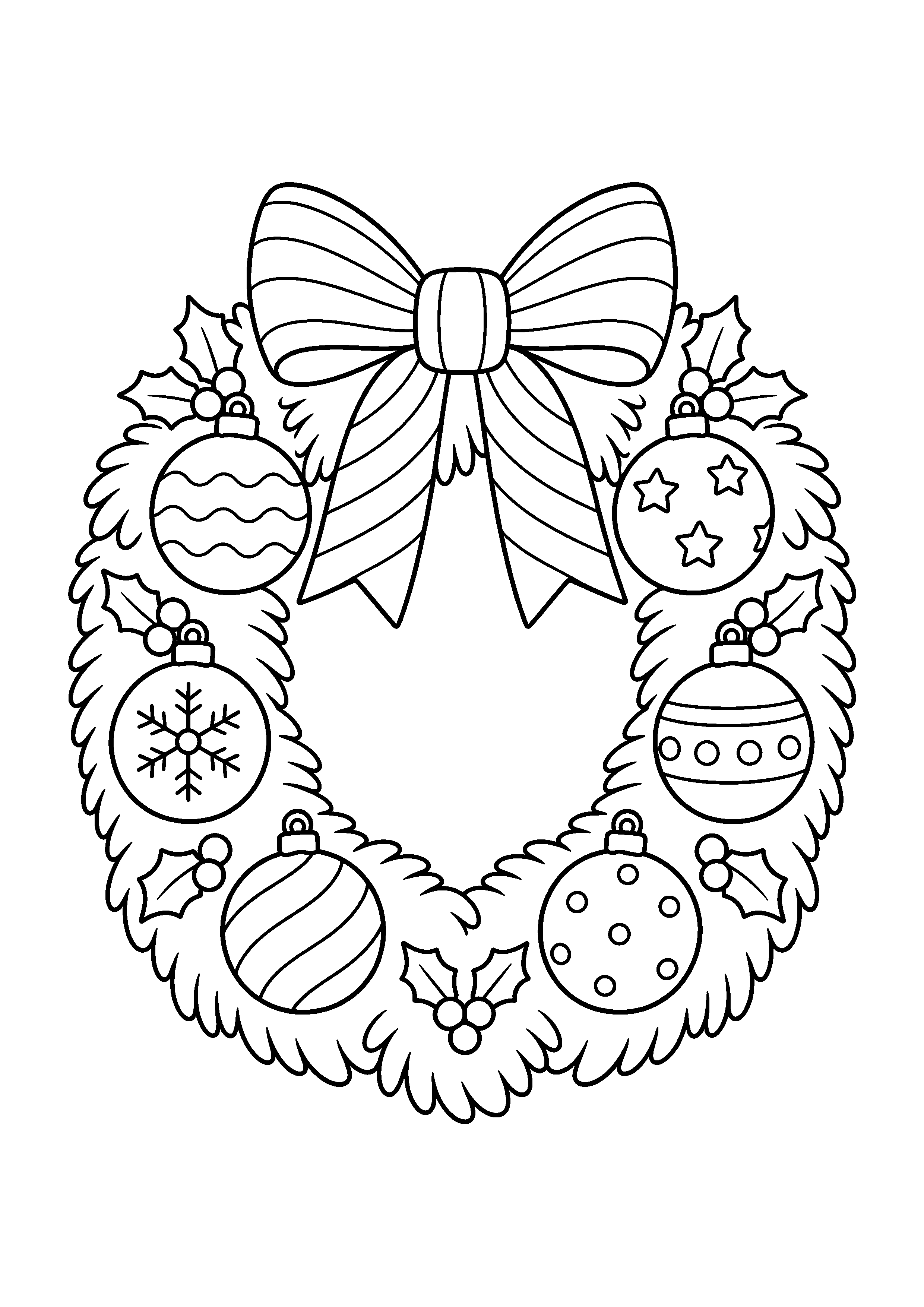 Coloriage Une couronne décorée de boules et d’un ruban rayé de Noël à imprimer gratuitement