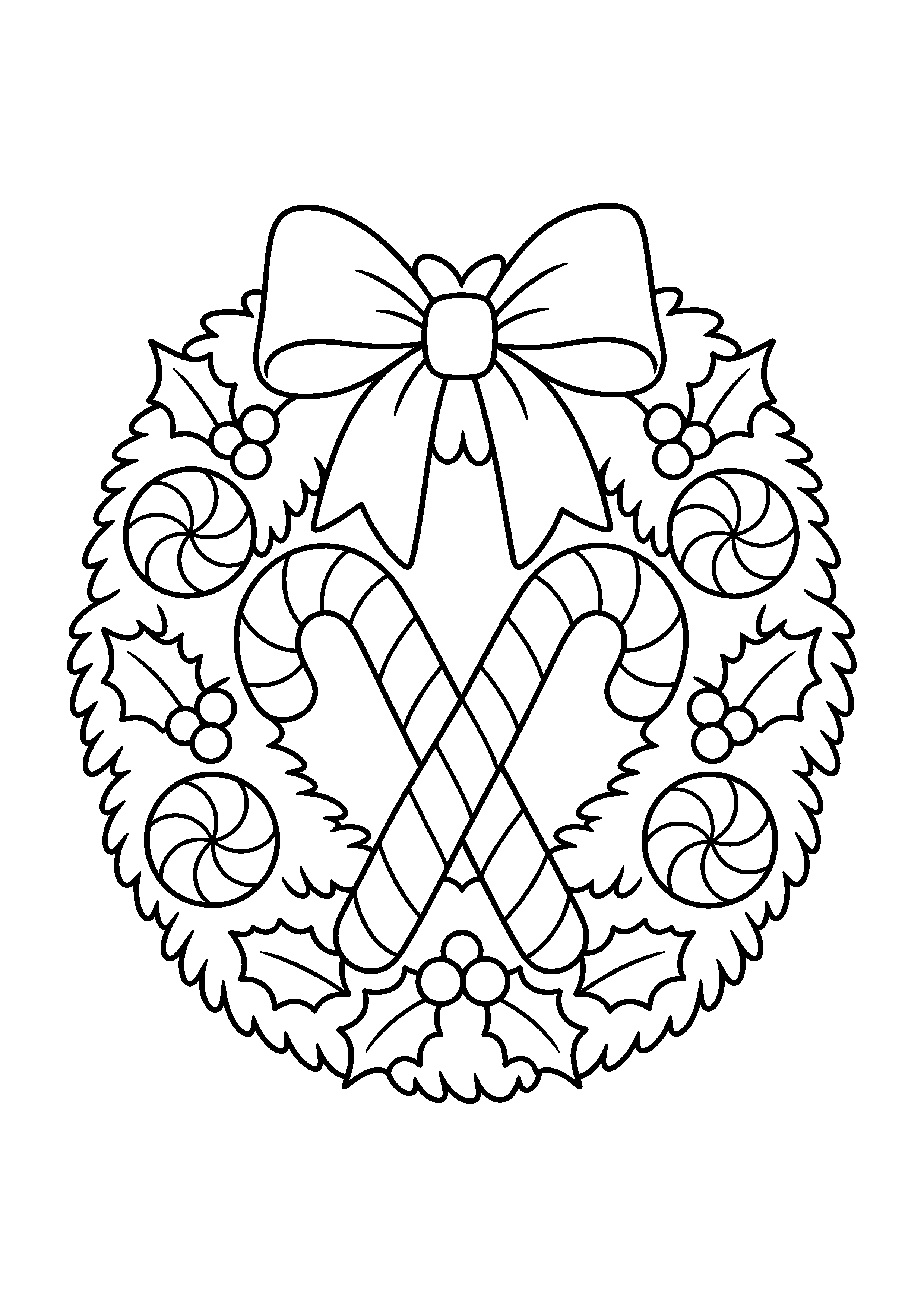 Coloriage Une couronne gourmande avec sucres d’orge et bonbons de Noël à imprimer gratuitement