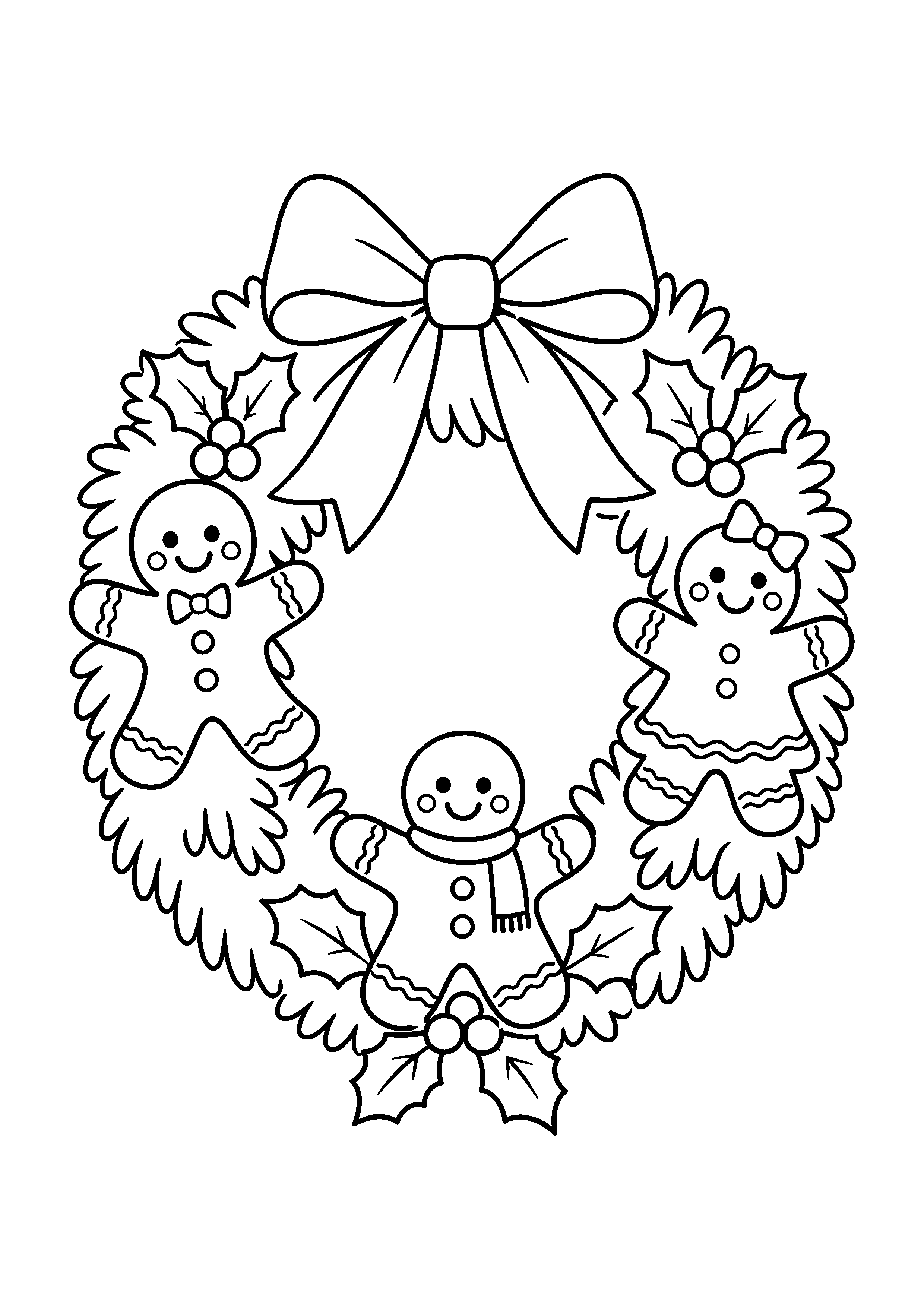 Coloriage Une couronne avec trois bonshommes en pain d’épice de Noël à imprimer gratuitement