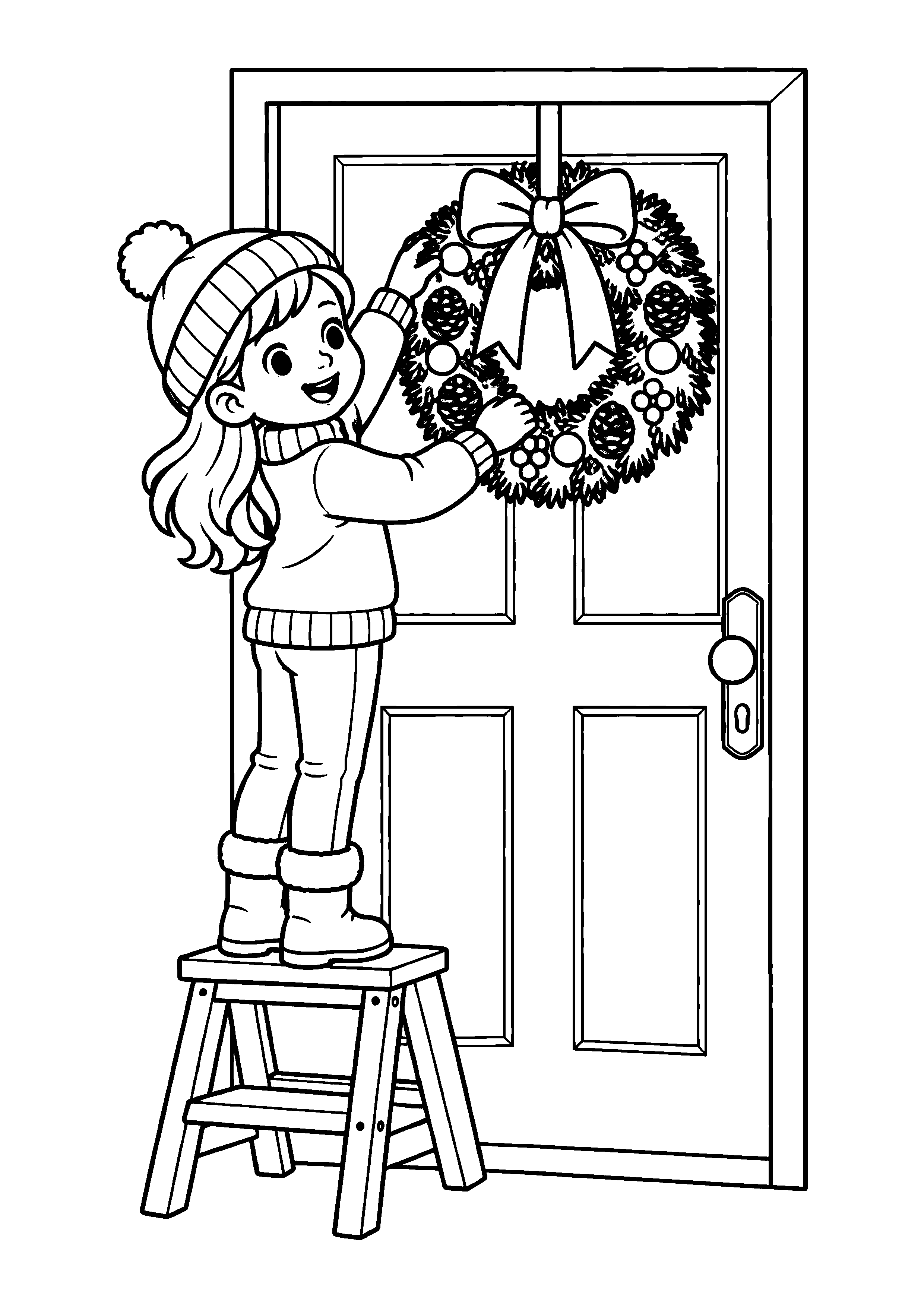Coloriage Un enfant accroche une couronne à la porte de Noël à imprimer gratuitement