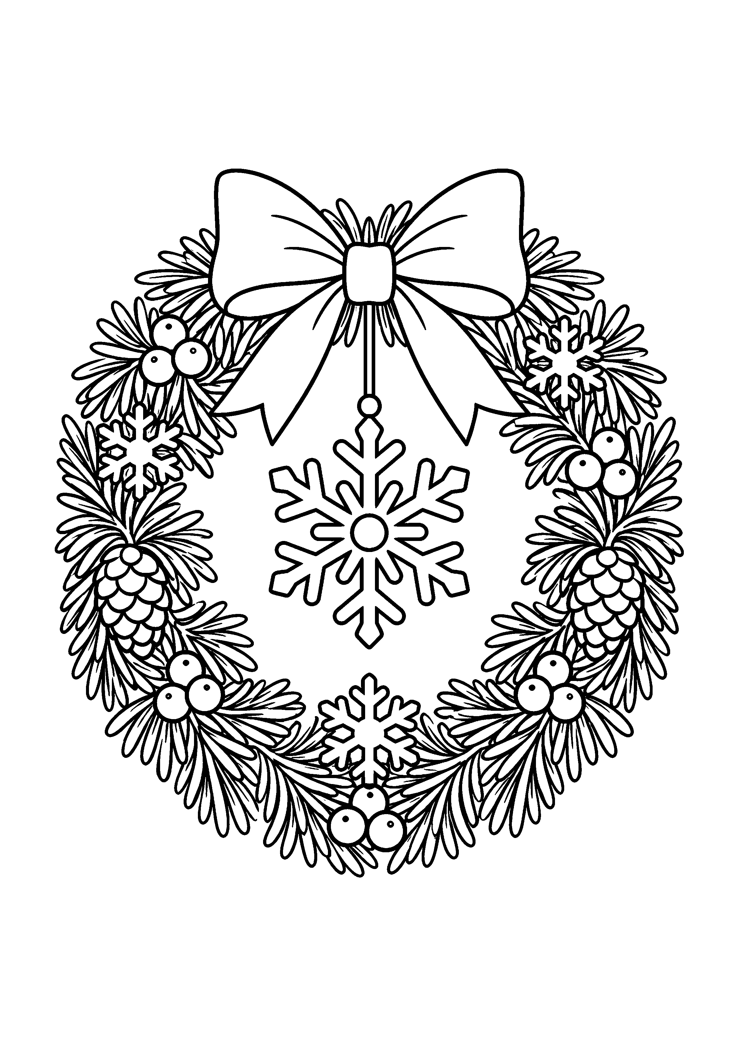 Coloriage Une couronne avec un grand flocon suspendu au centre de Noël à imprimer gratuitement