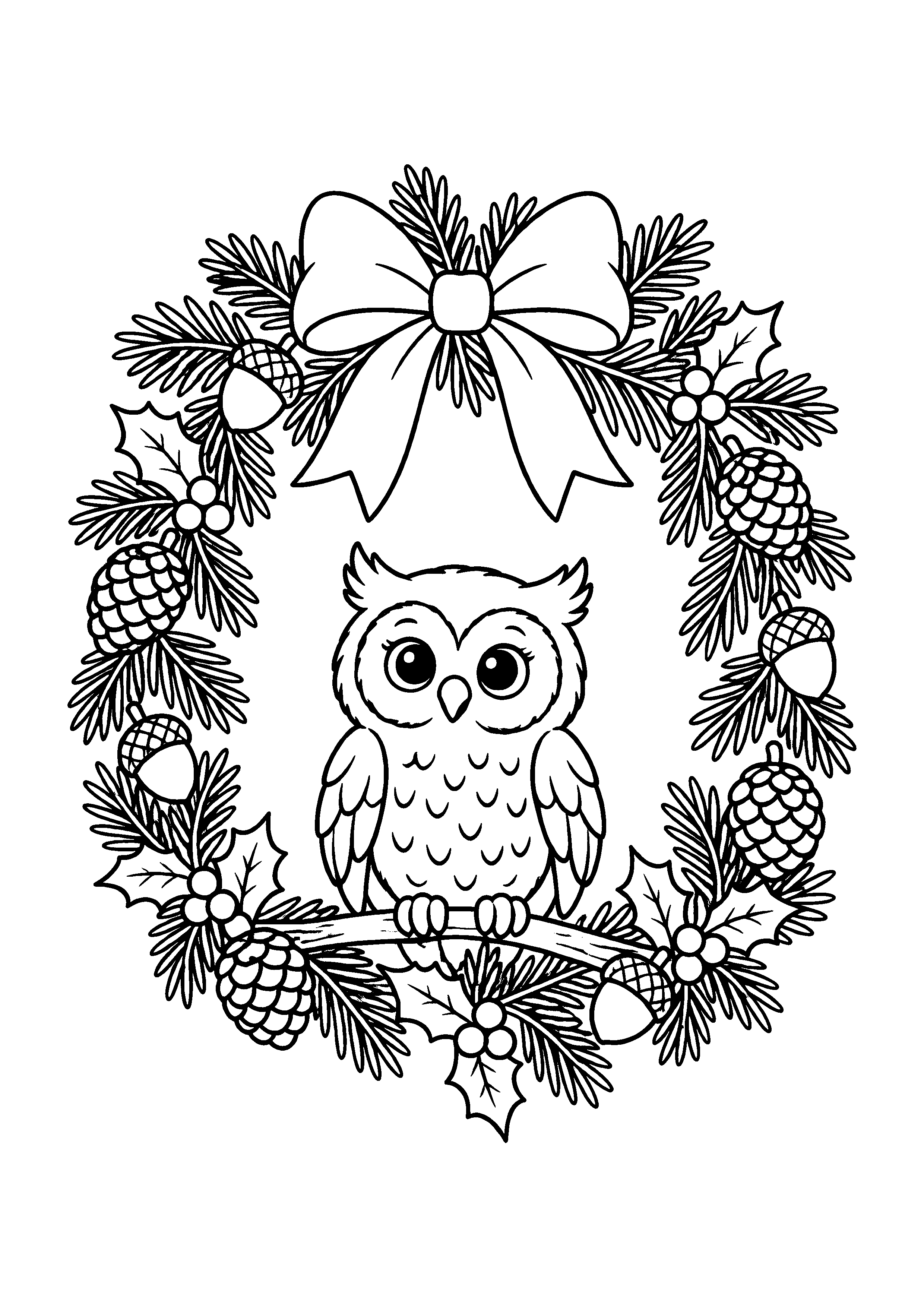 Coloriage Une couronne de forêt avec un hibou de Noël à imprimer gratuitement
