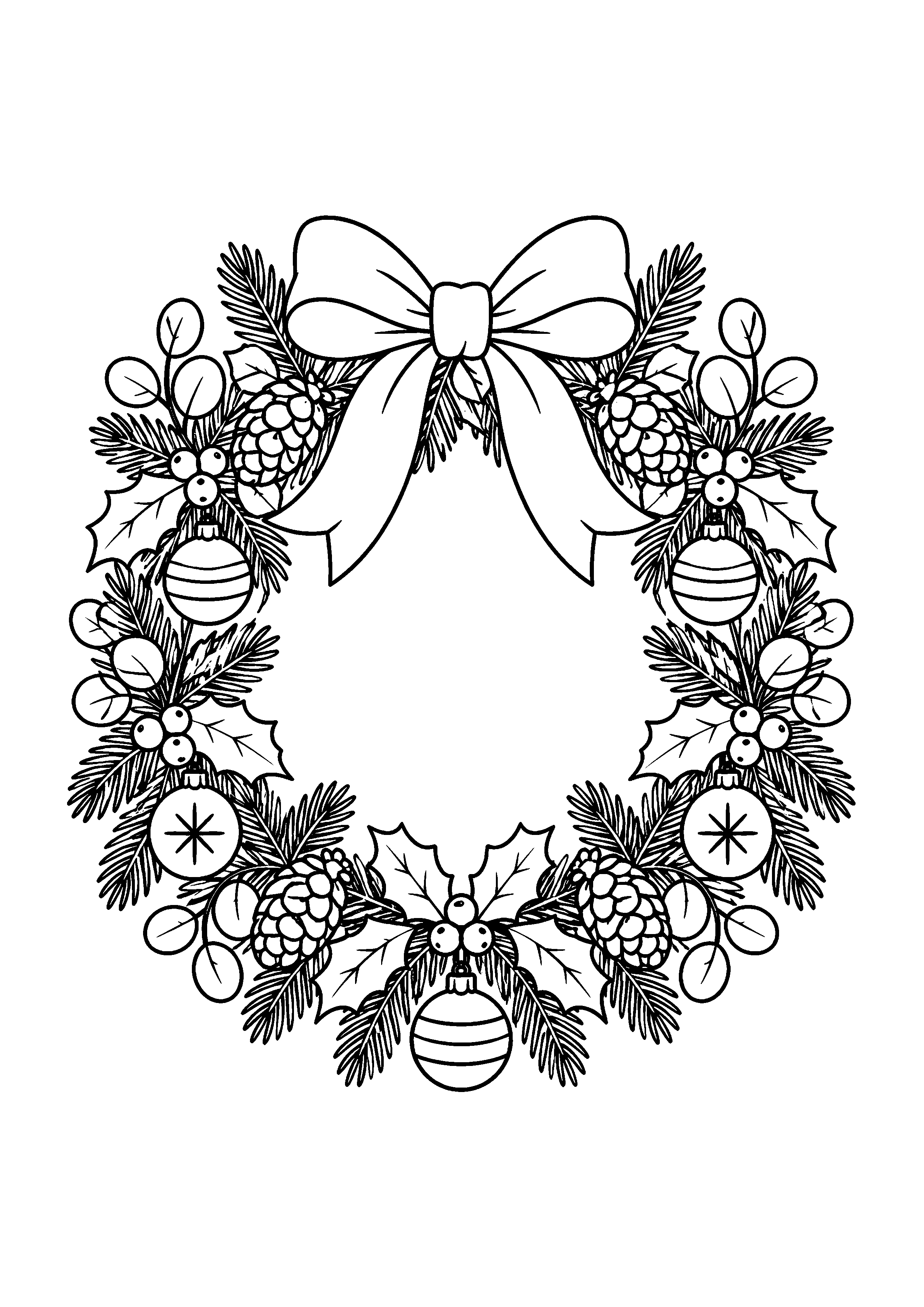 Coloriage Une couronne détaillée de sapin, houx et eucalyptus de Noël à imprimer gratuitement