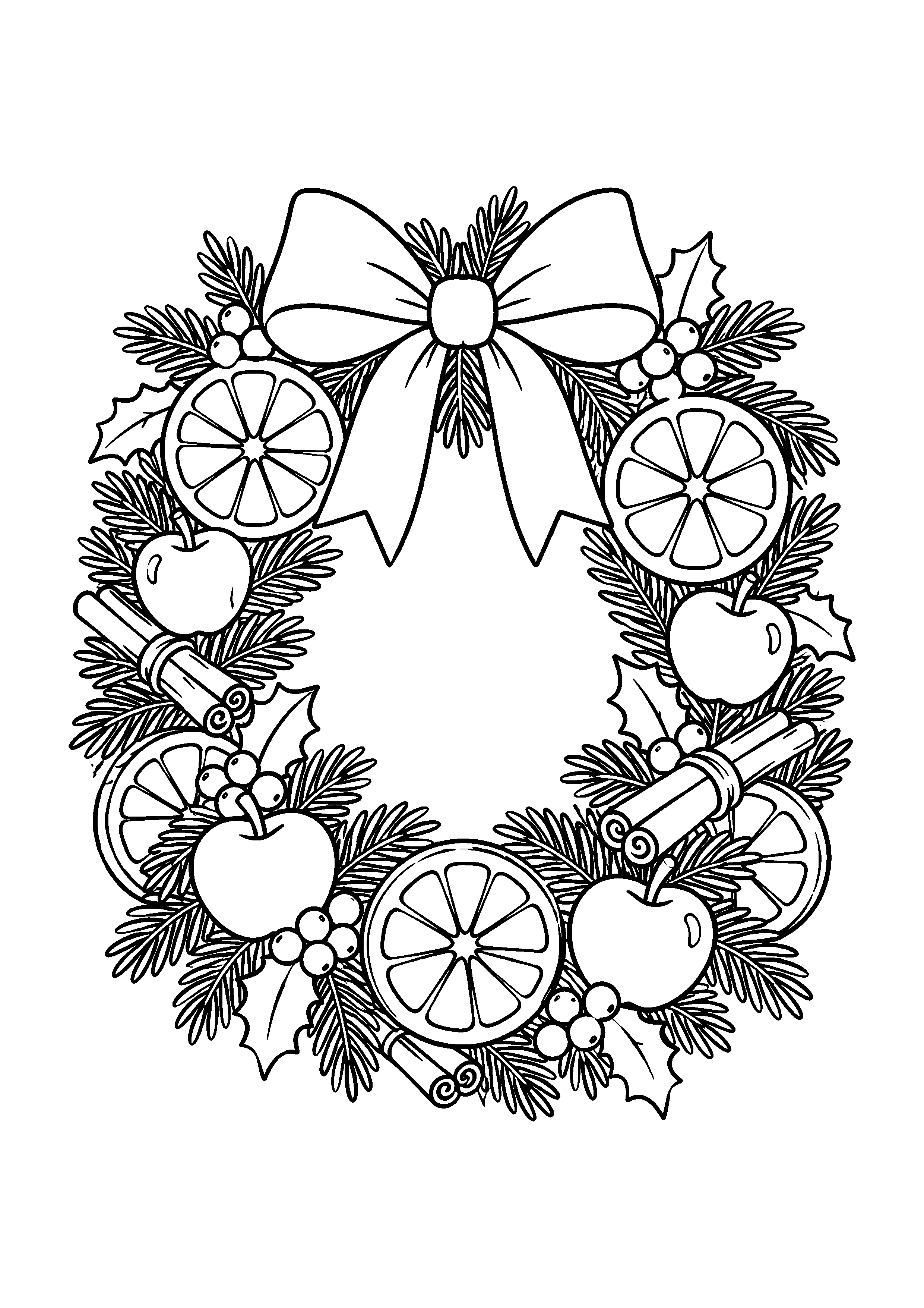 Coloriage Une couronne de fruits avec oranges, pommes et cannelle de Noël à imprimer gratuitement