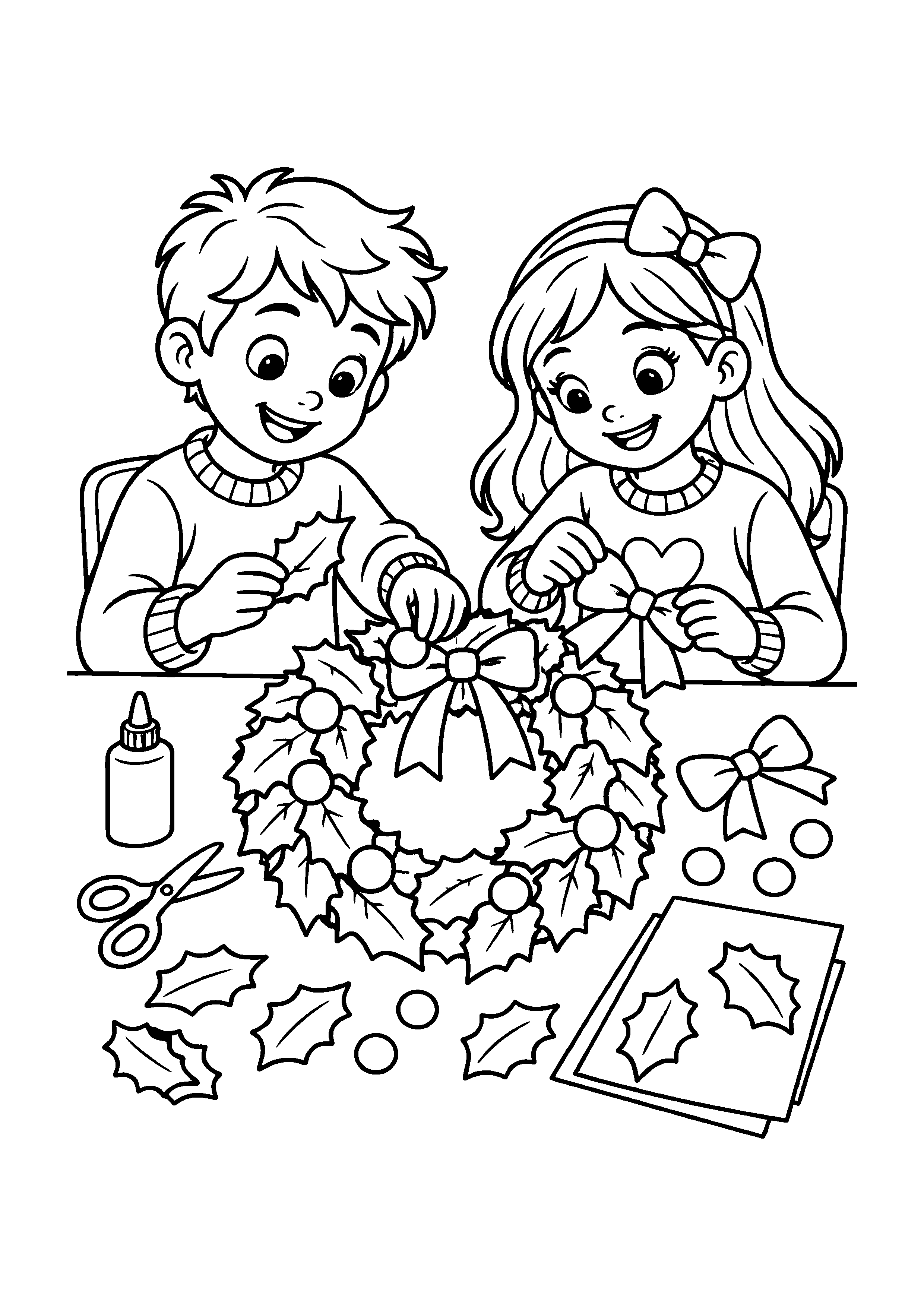 Coloriage Deux enfants fabriquent une couronne de Noël à imprimer gratuitement