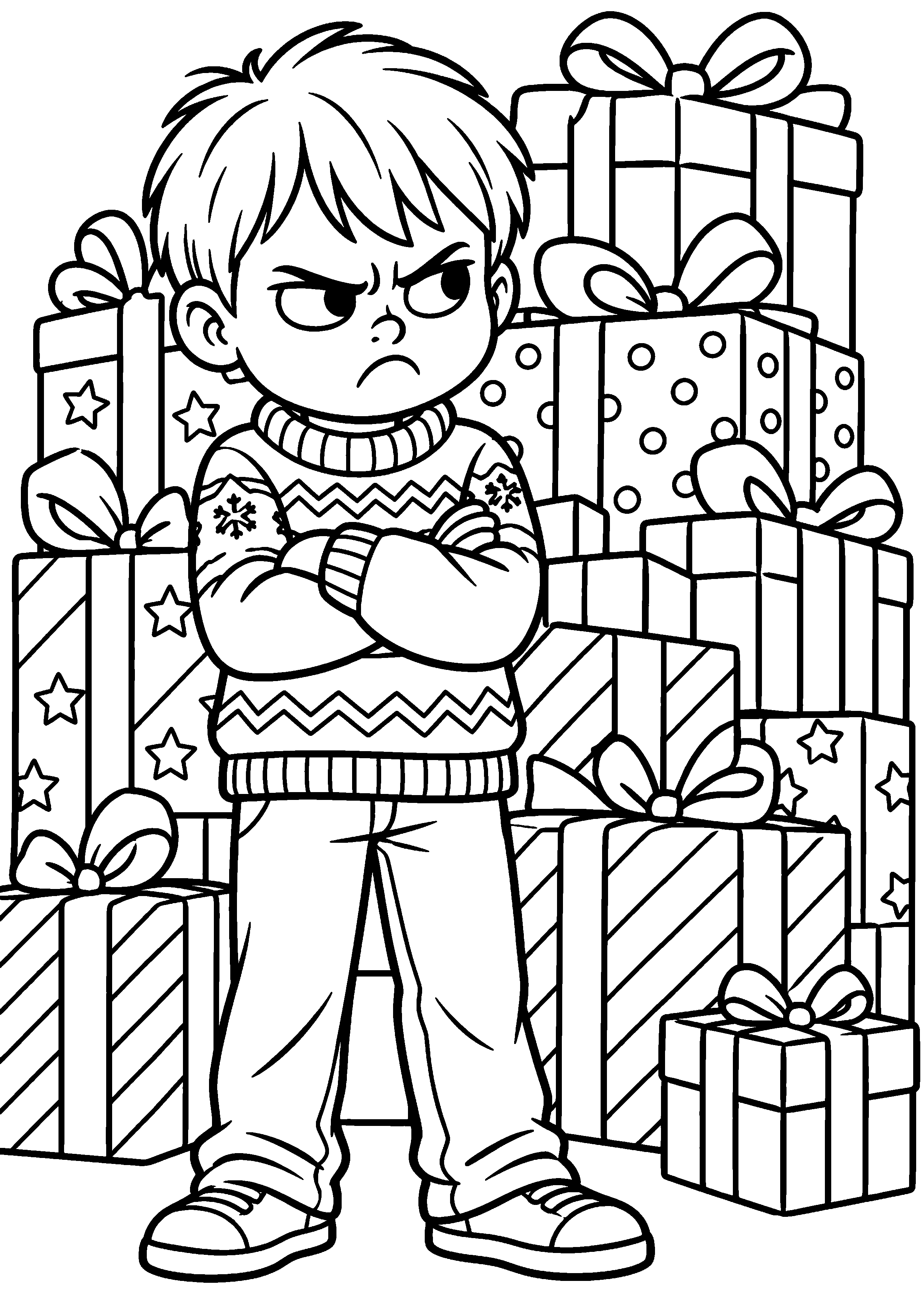Personnage de Noël original au visage boudeur devant une pile de cadeaux à colorier