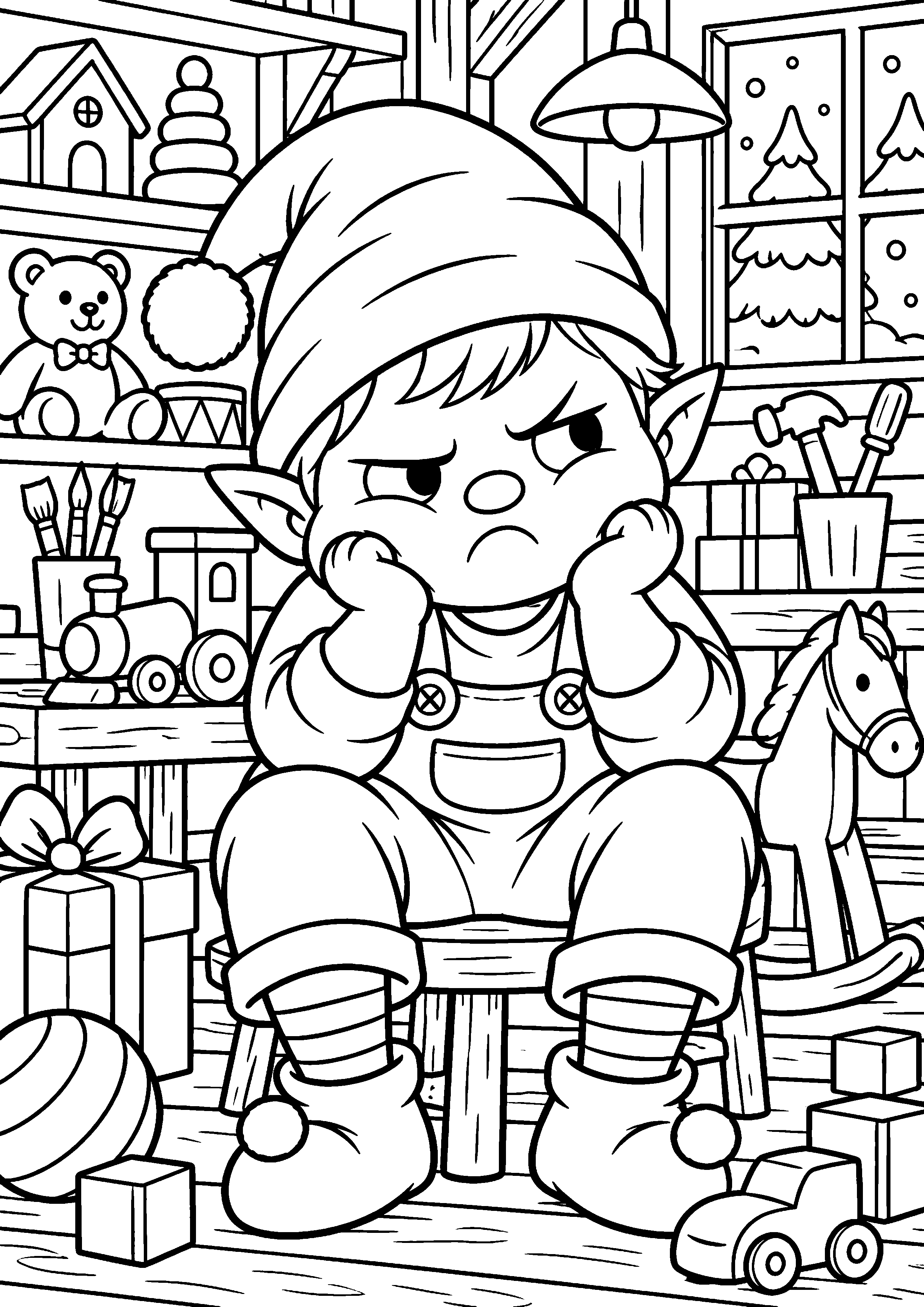 Lutin de Noël original au visage boudeur entouré de jouets à colorier